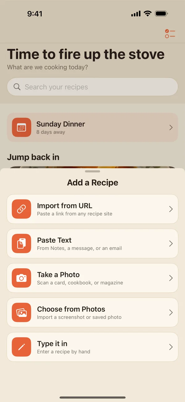 The Add a Recipe sheet in Focara Kitchen, with Import from URL, Paste Text, Take a Photo, Choose from Photos, and Type it in