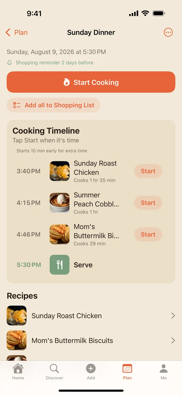 A Sunday Dinner meal plan in Focara Kitchen with a Cooking Timeline: roast chicken at 3:40, peach cobbler at 4:15, buttermilk biscuits at 4:46, and Serve at 5:30