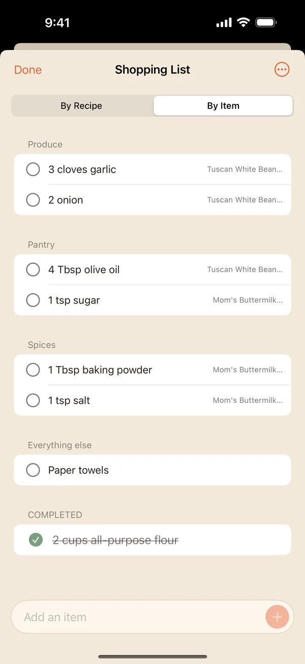 Focara Kitchen's Shopping List in By Item view, grouped into Produce, Pantry, Spices, and Everything else, with a checked-off item under Completed