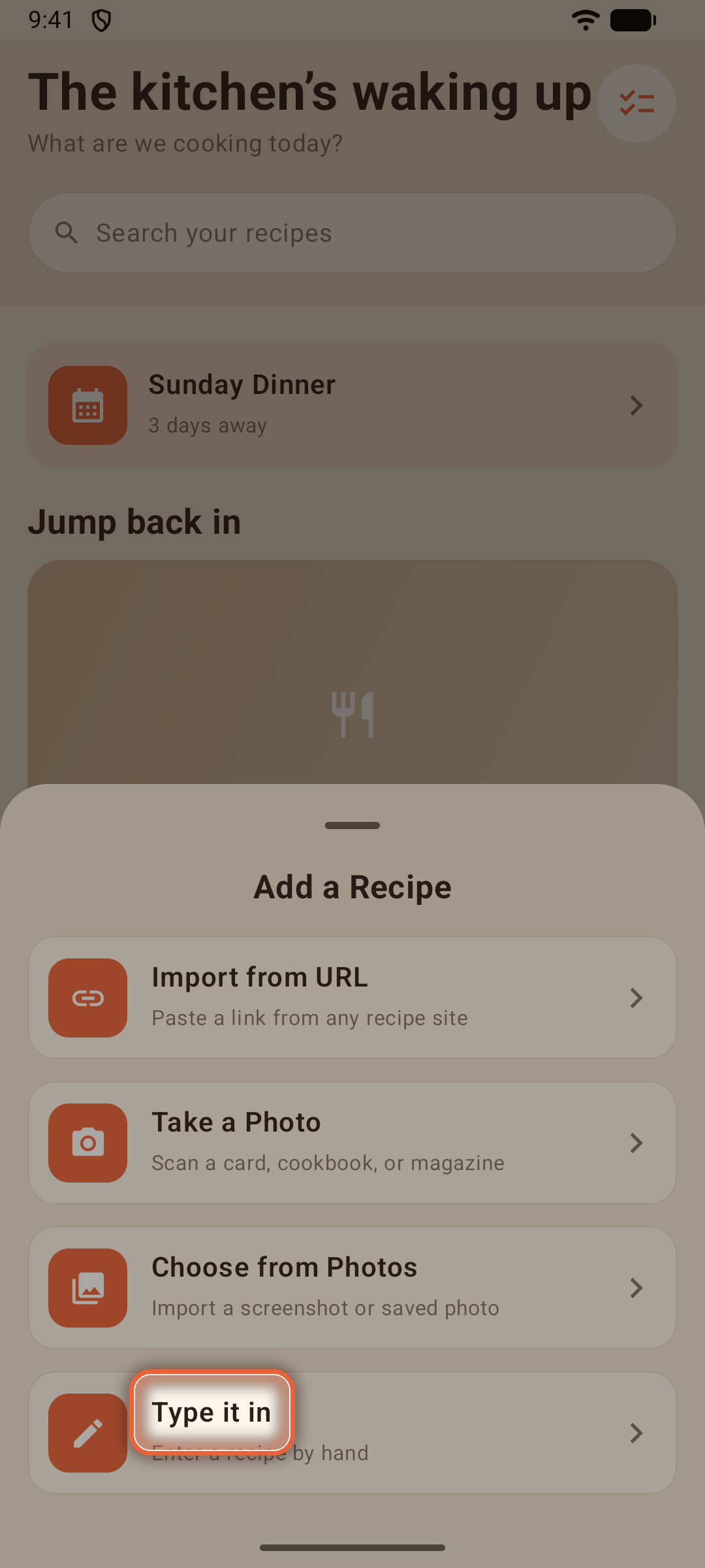 Add drawer with the four ways to add a recipe, Type it in highlighted