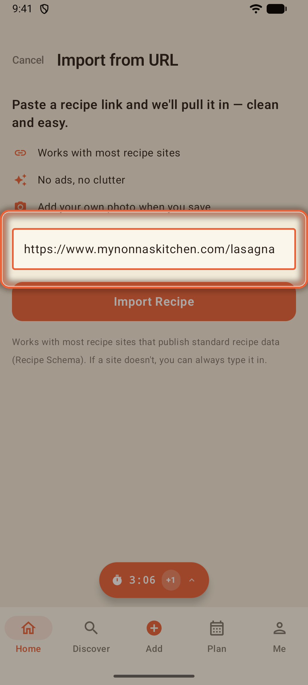 Import from URL screen with a recipe link pasted in