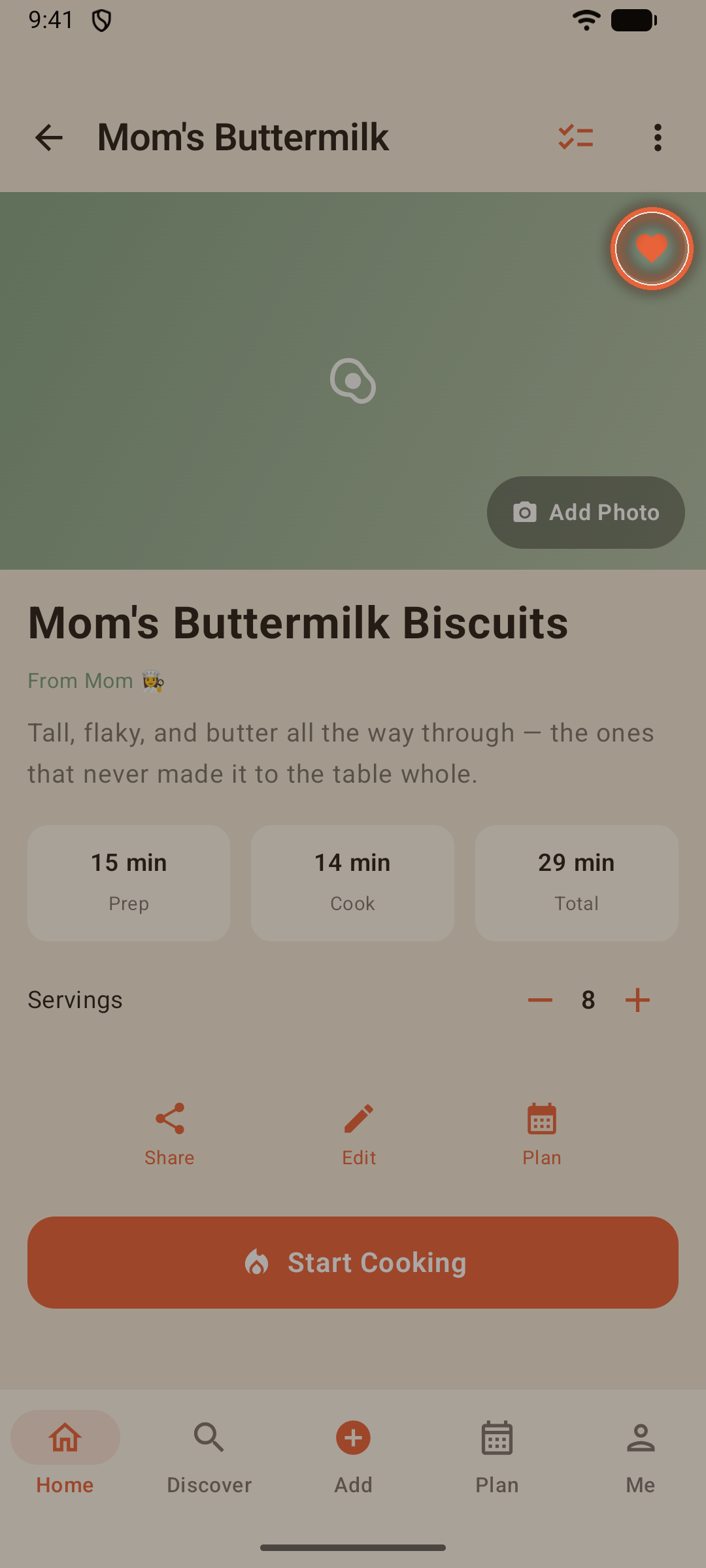 Recipe page with the photo area, favorite heart, lineage line, and time facts