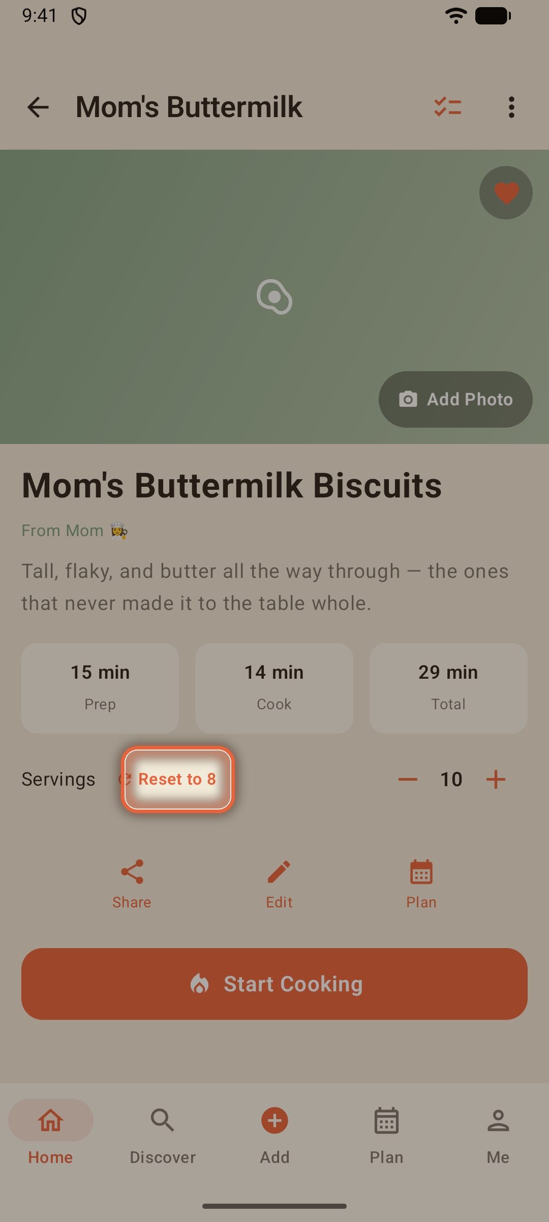 Servings stepped up with quantities rescaled and the Reset button showing