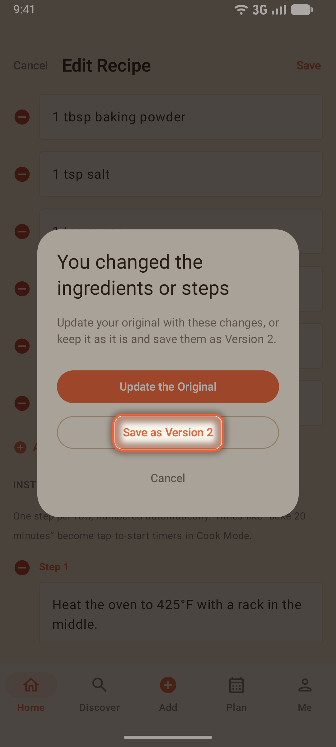 Save options offering Update the Original or Save as a new Version