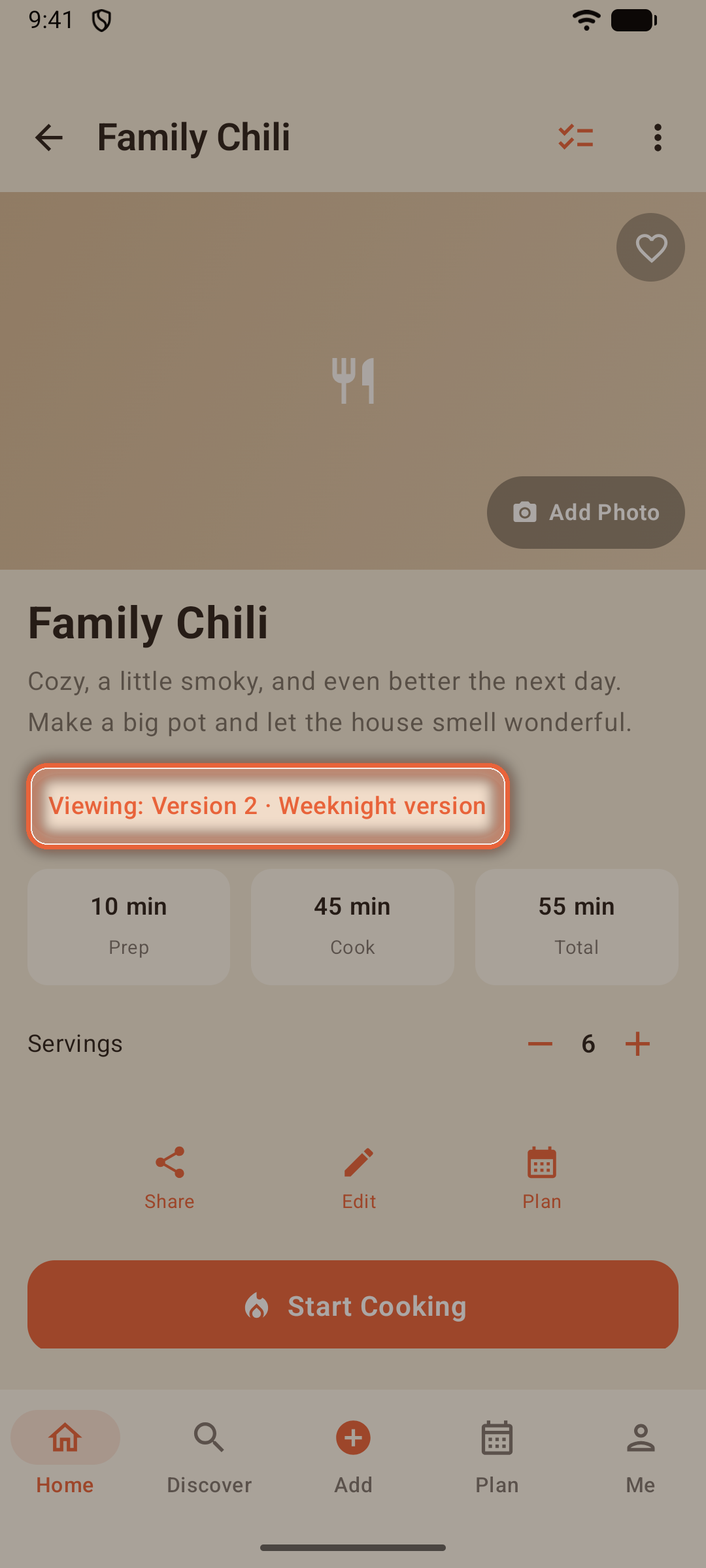 Recipe page of a recipe with more than one version