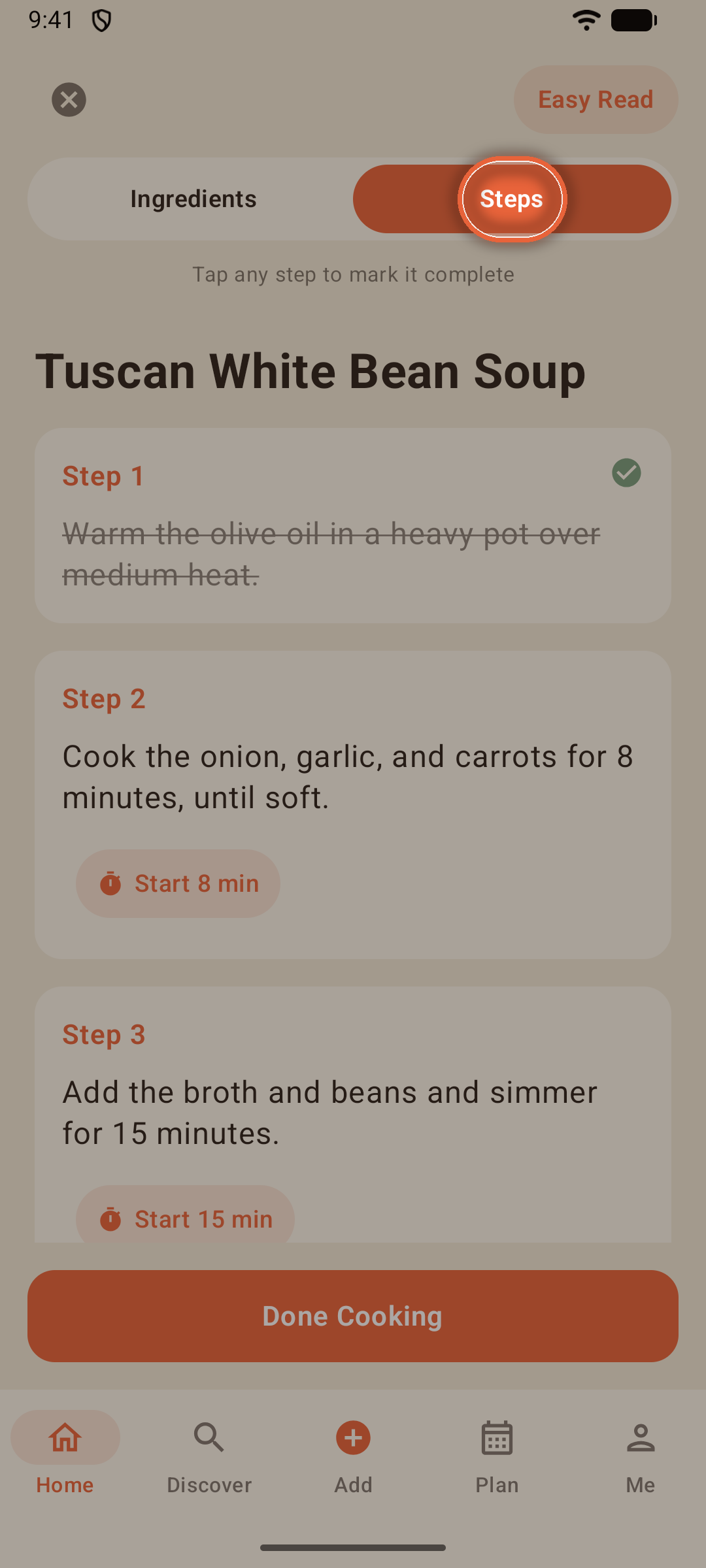 Cook Mode steps with the Ingredients and Steps pill and one step completed