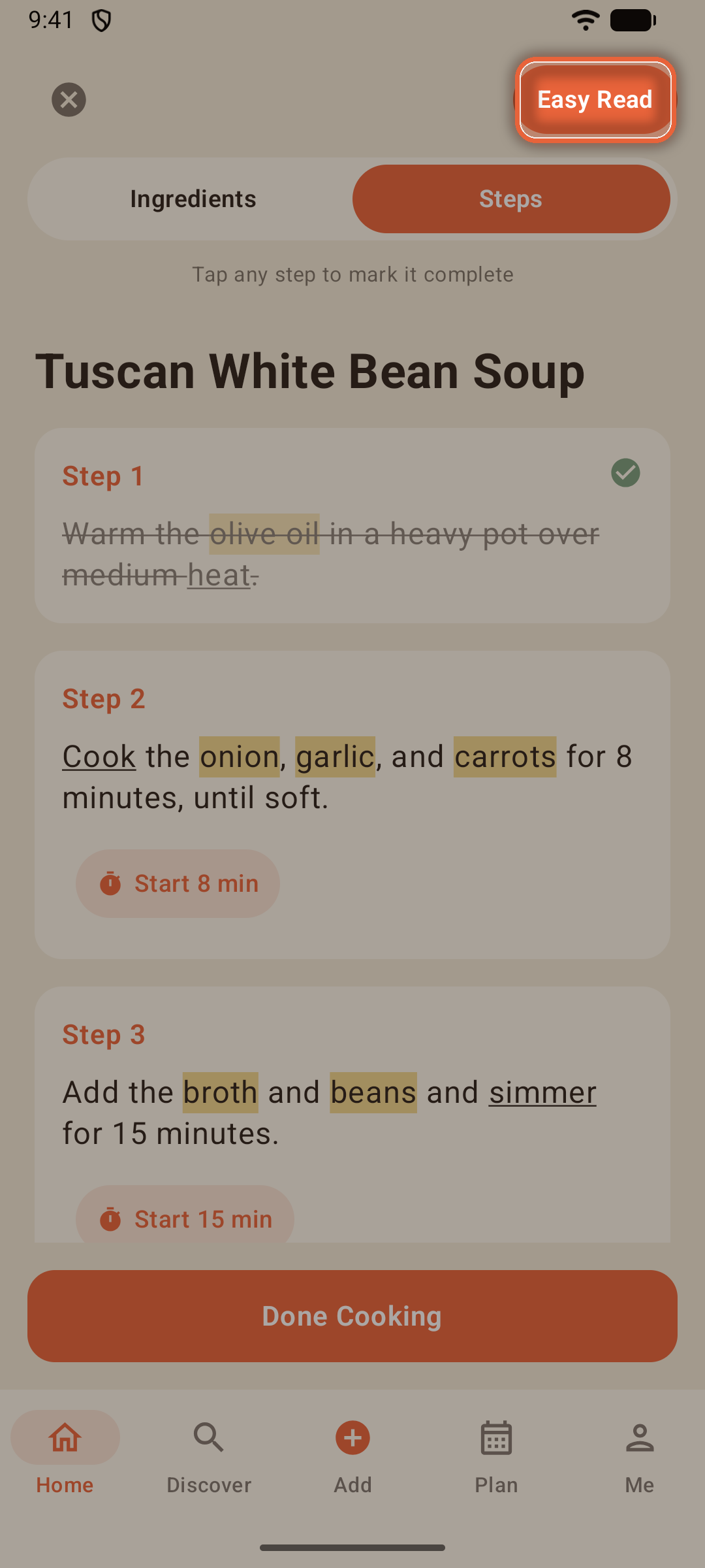 Easy Read turned on, highlighting ingredient phrases inside the steps