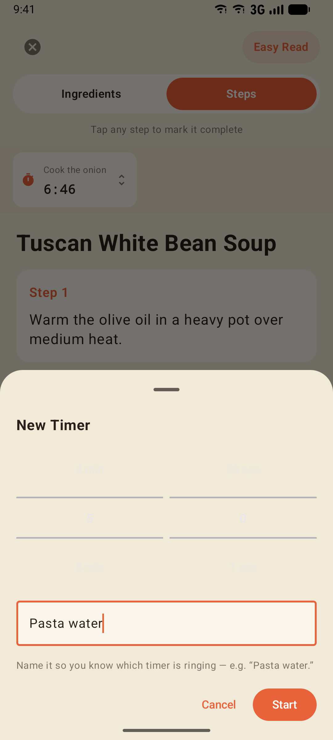New Timer sheet with minutes and seconds wheels and a label field