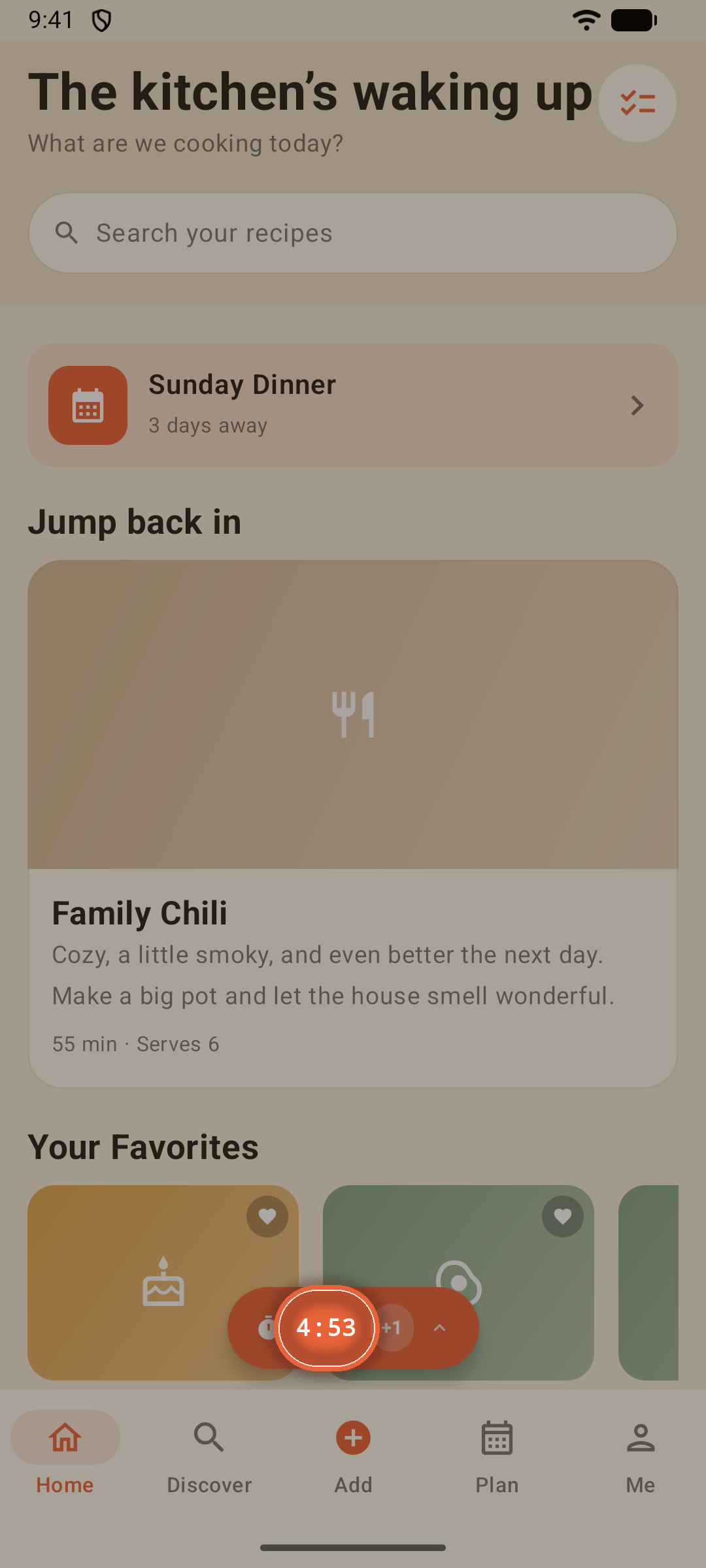 Home screen with the floating timer pill above the tab bar