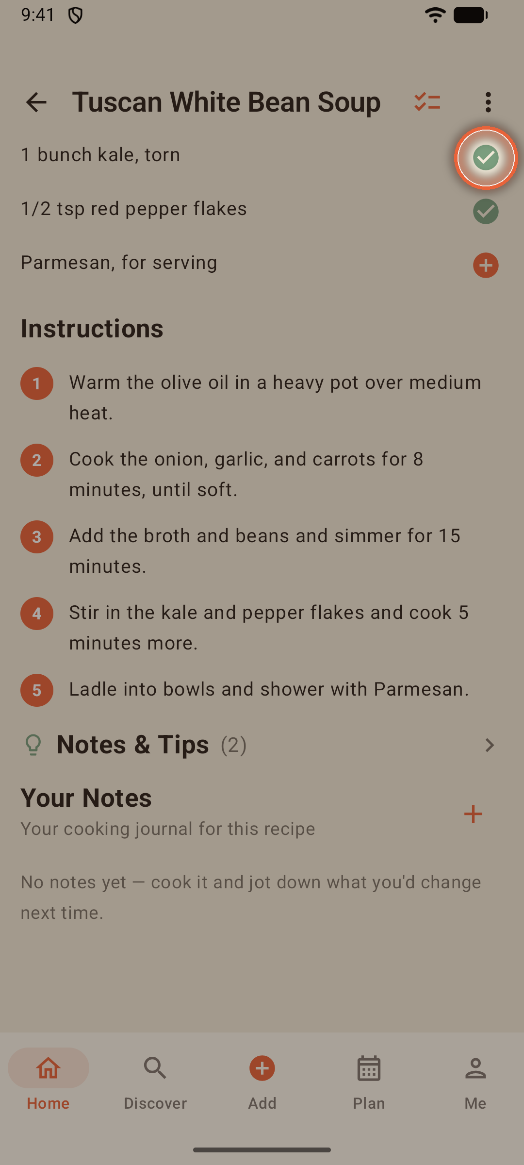 Ingredient rows with green checkmarks after adding them to the shopping list