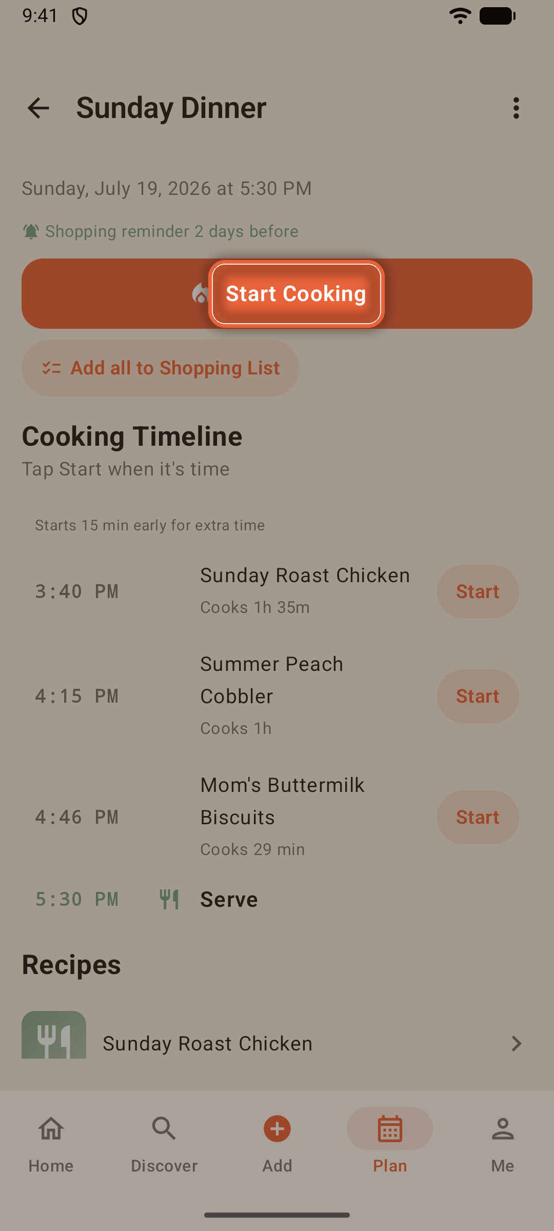 Cooking Timeline with staggered start times leading to the serve time