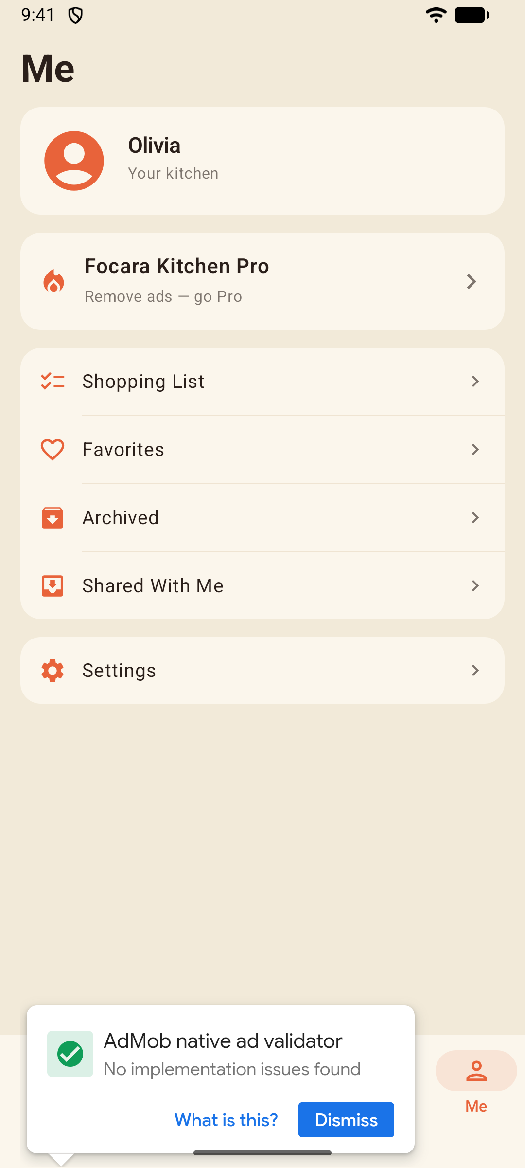 Me tab with profile, Shopping List, Shared With Me, and Saved Recipes