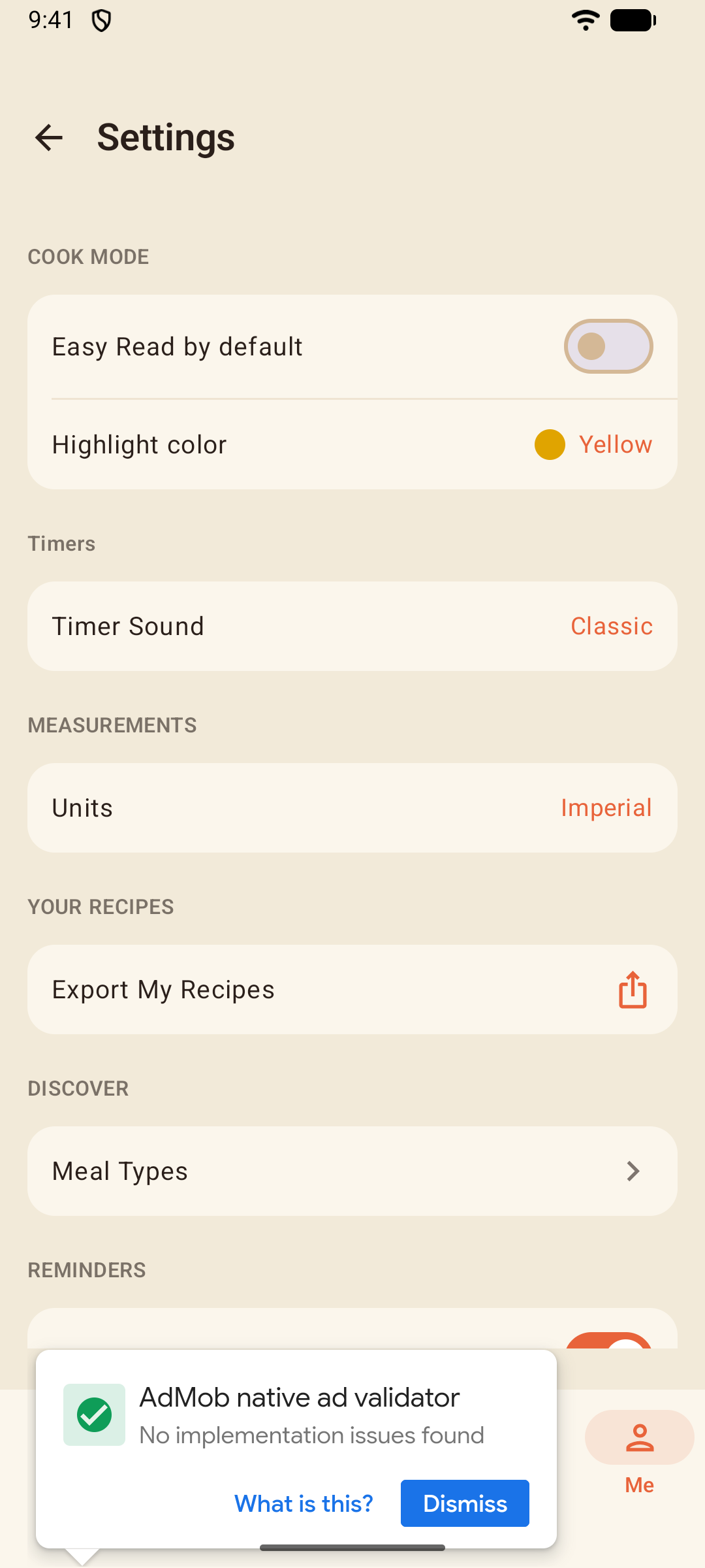 Settings screen with Cook Mode, Easy Read, timers, and measurement options