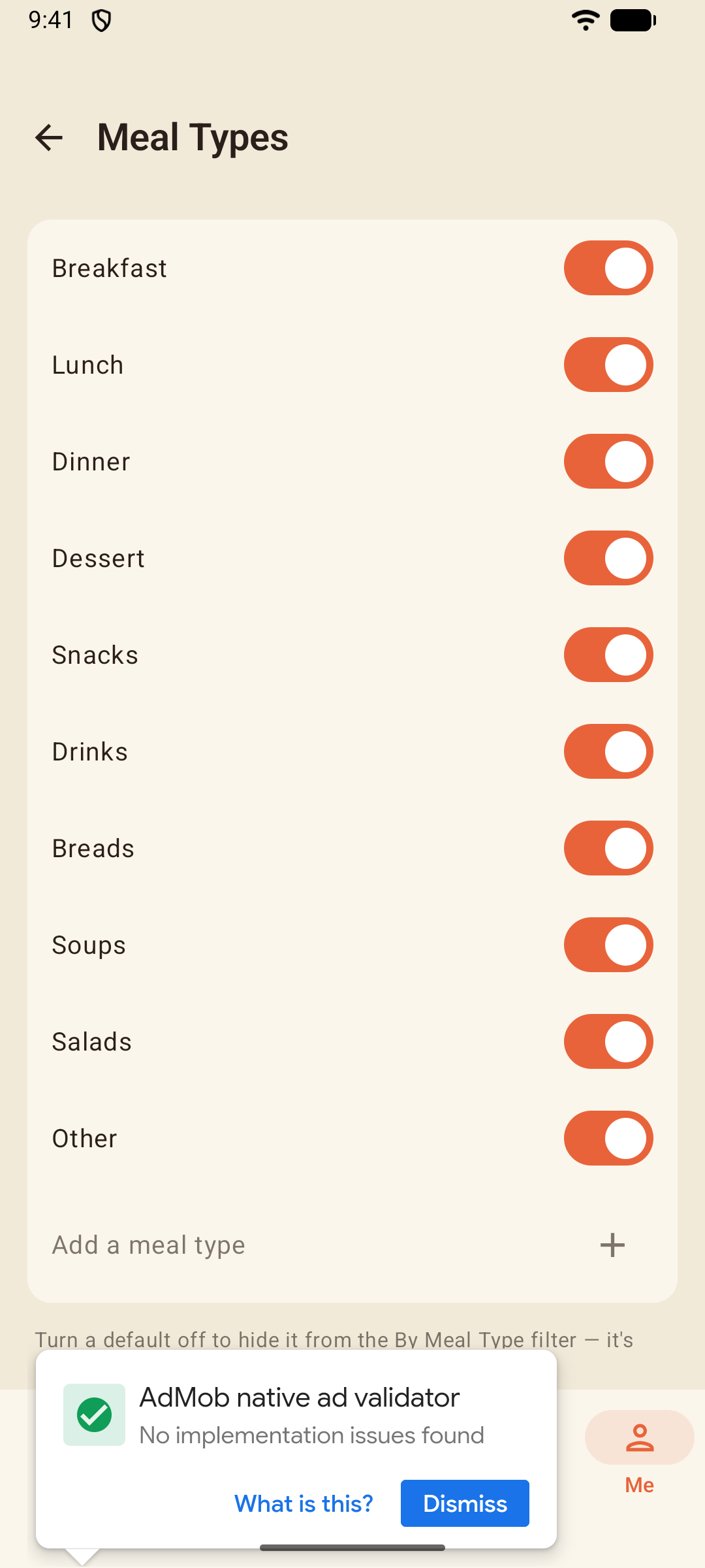 Meal Types screen with built-in types and a custom type