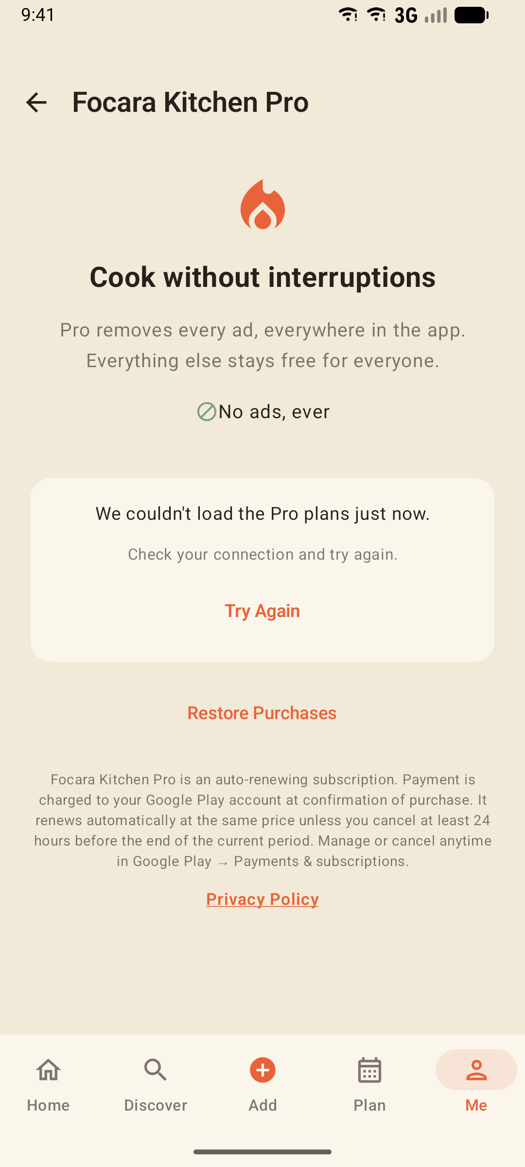 Focara Pro screen with monthly and yearly plans