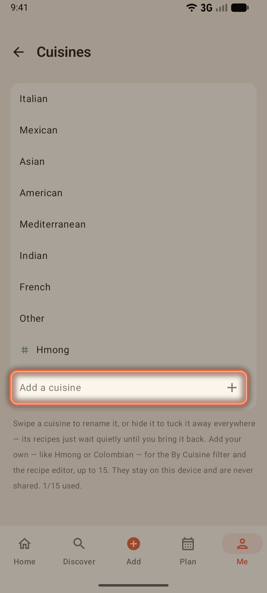 Cuisines screen with the built-in cuisines and a custom one added