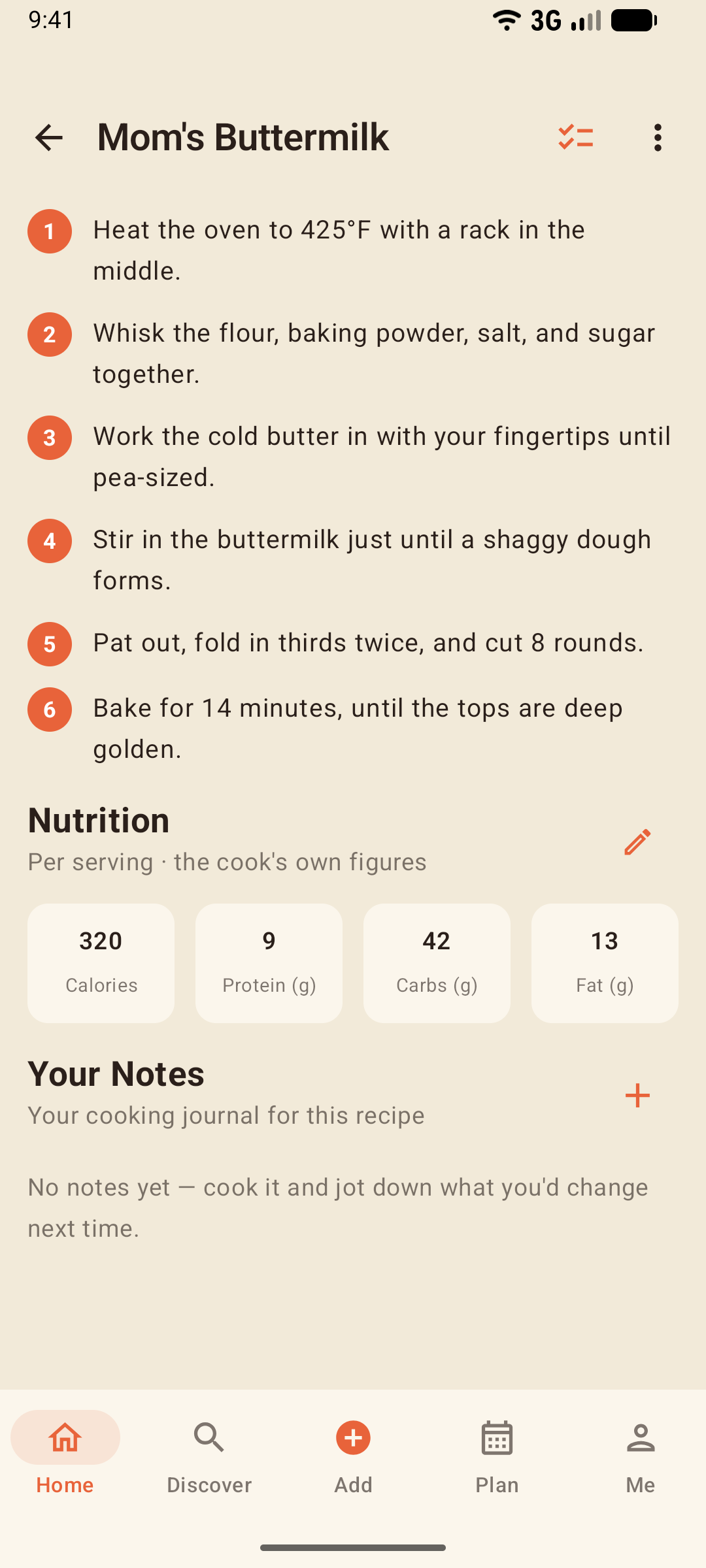 Nutrition section with the cook's own per-serving tiles and the edit pencil