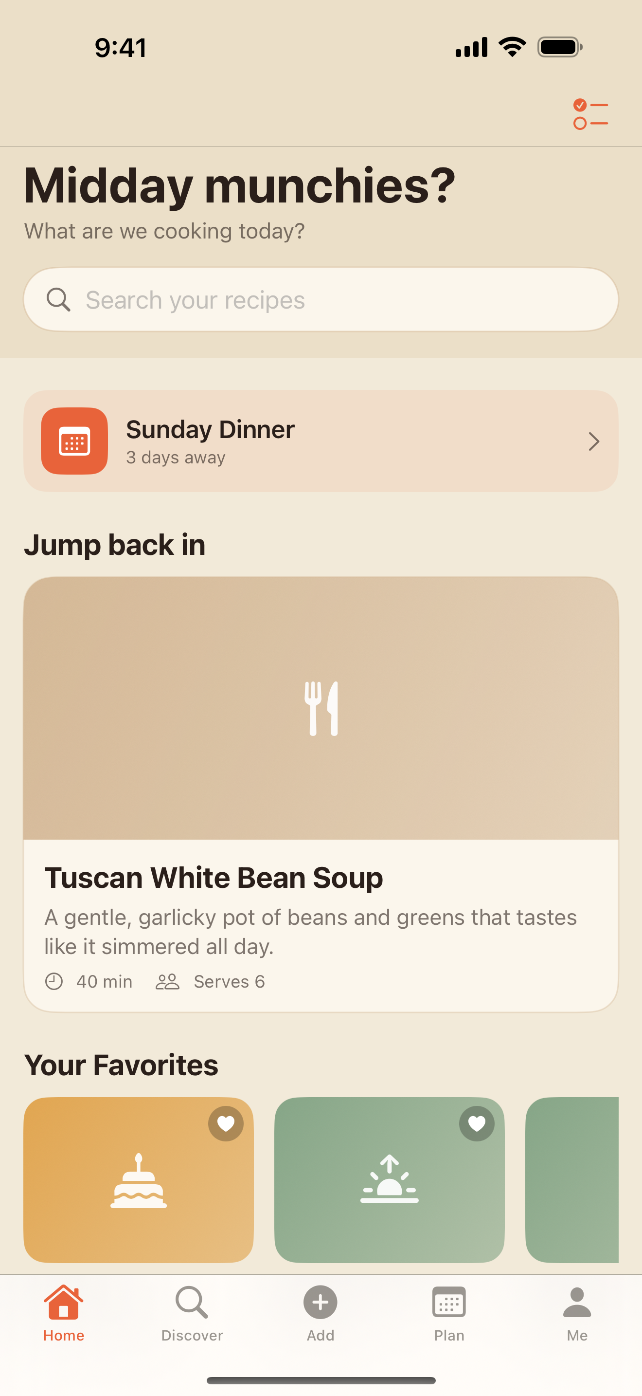 Home tab with the greeting, search field, Sunday Dinner meal-plan card, and recipe lanes