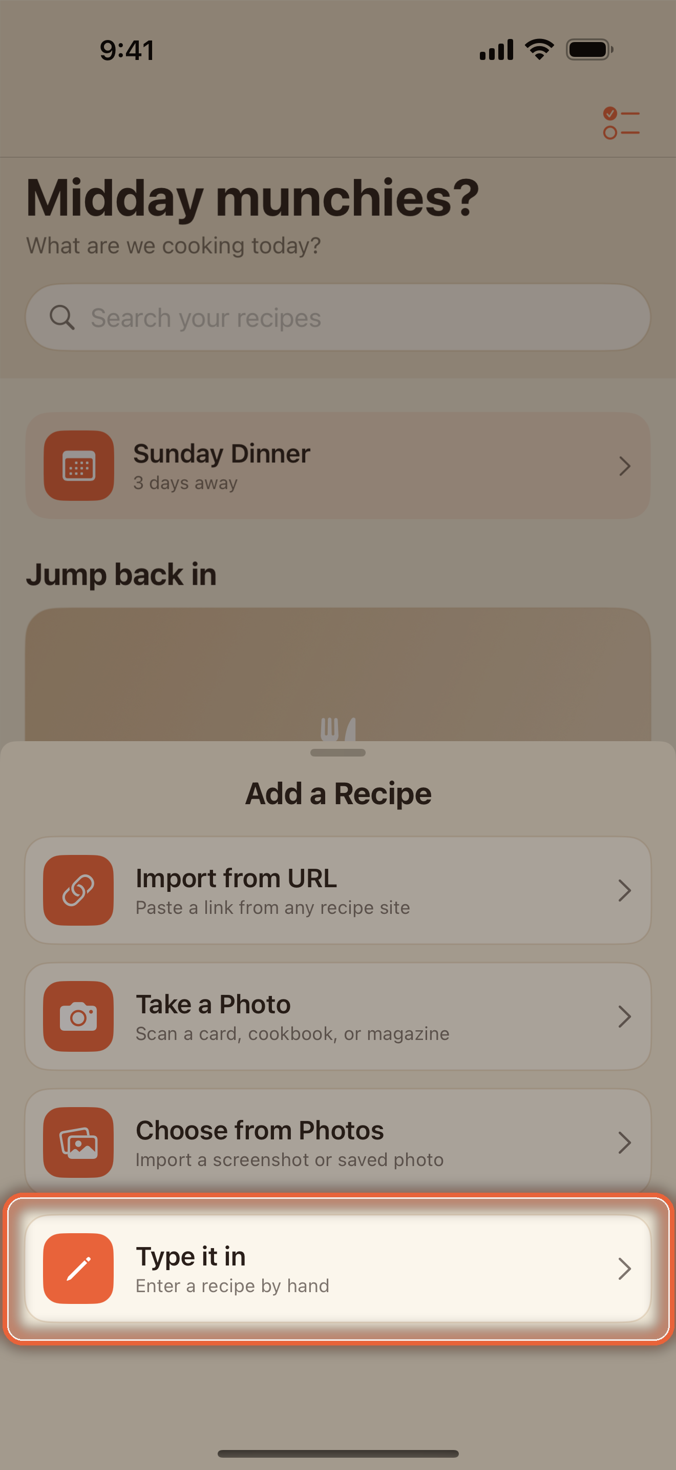 Add drawer with the four ways to add a recipe, Type it in highlighted