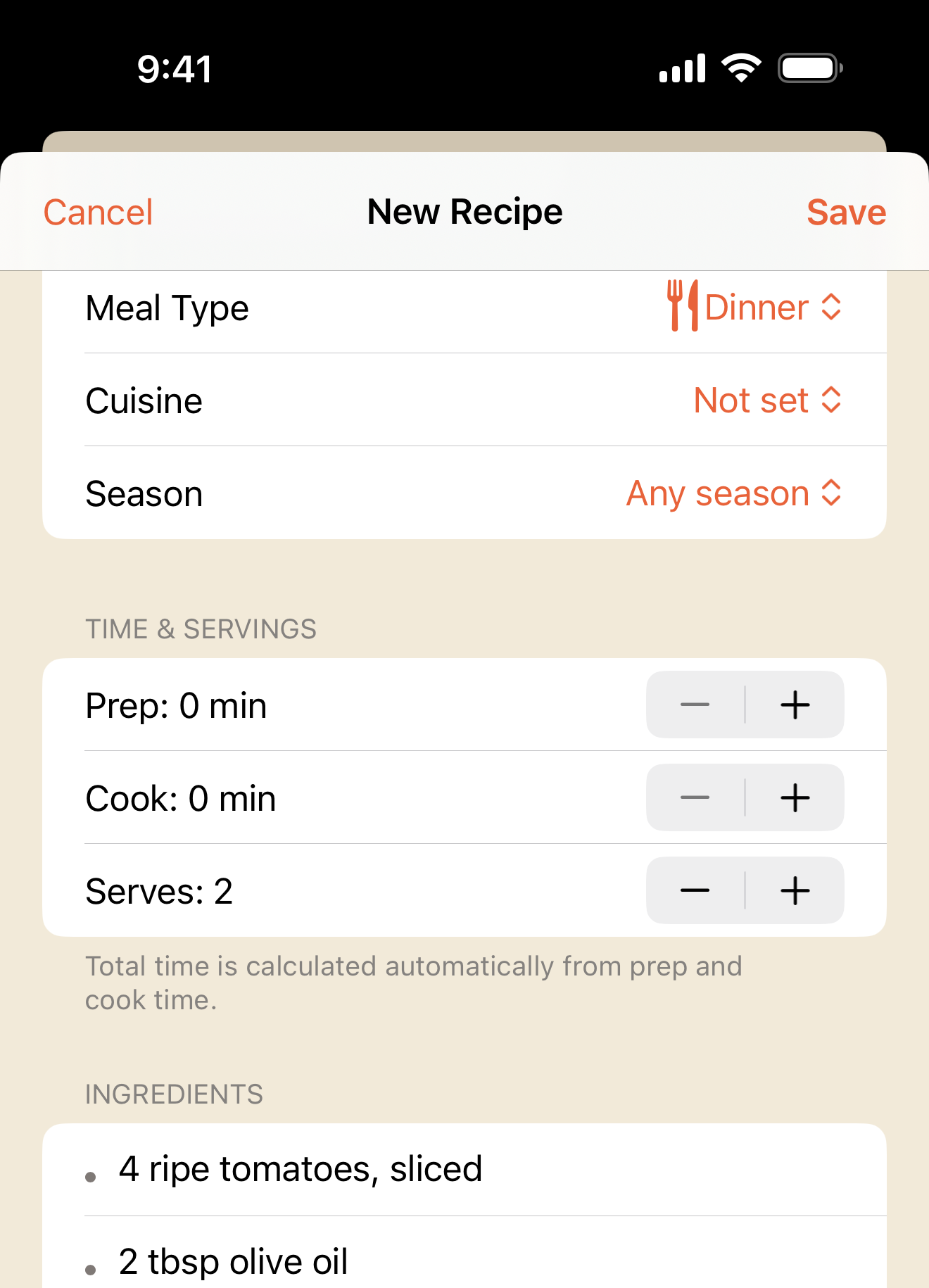 Recipe editor with structured ingredient and step rows