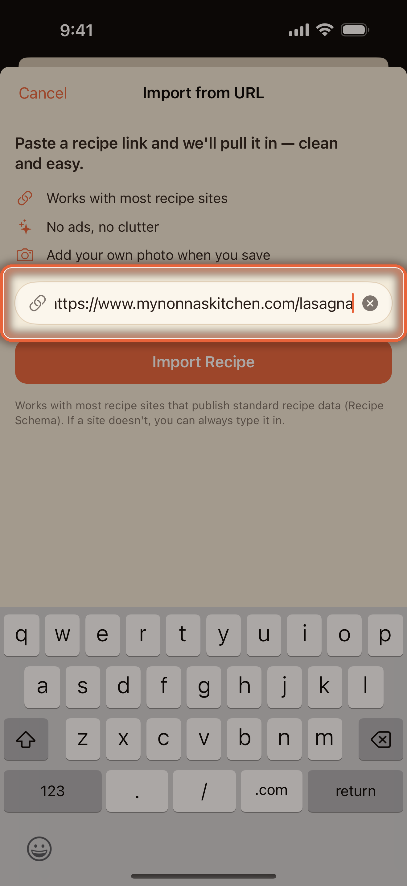 Import from URL screen with a recipe link pasted in