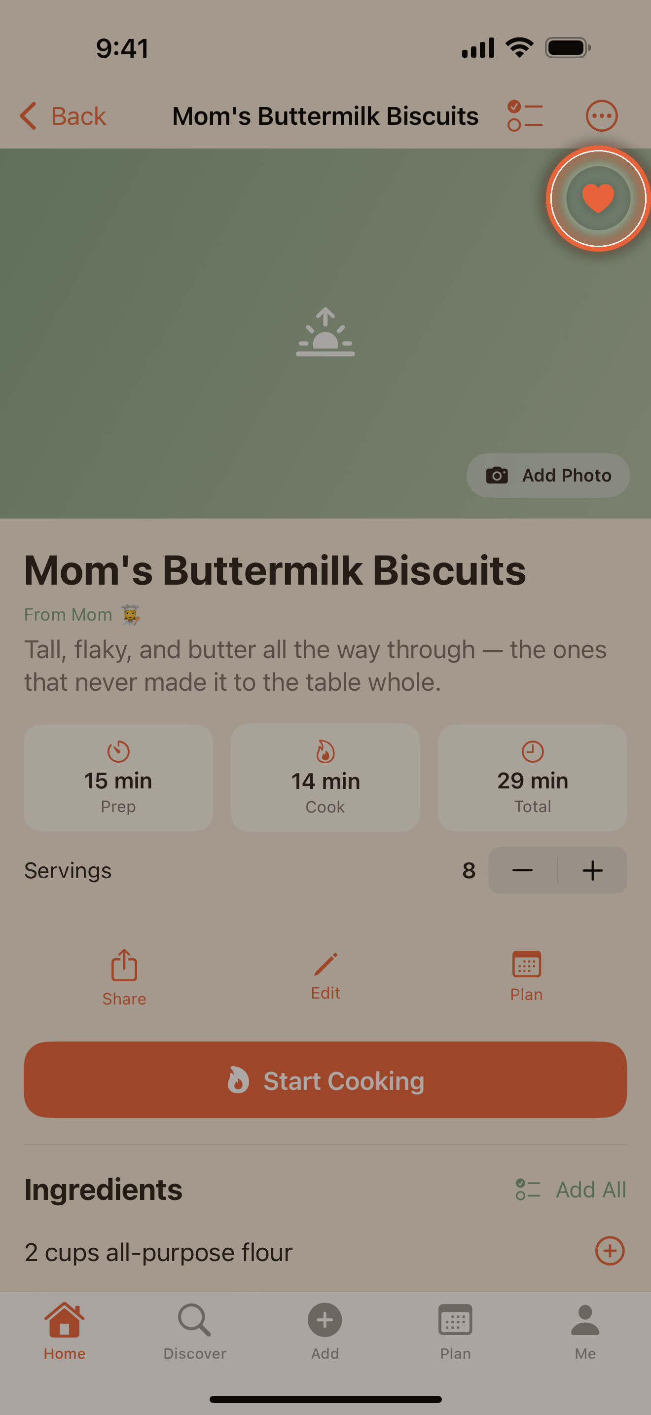 Recipe page with the photo area, favorite heart, lineage line, and time facts