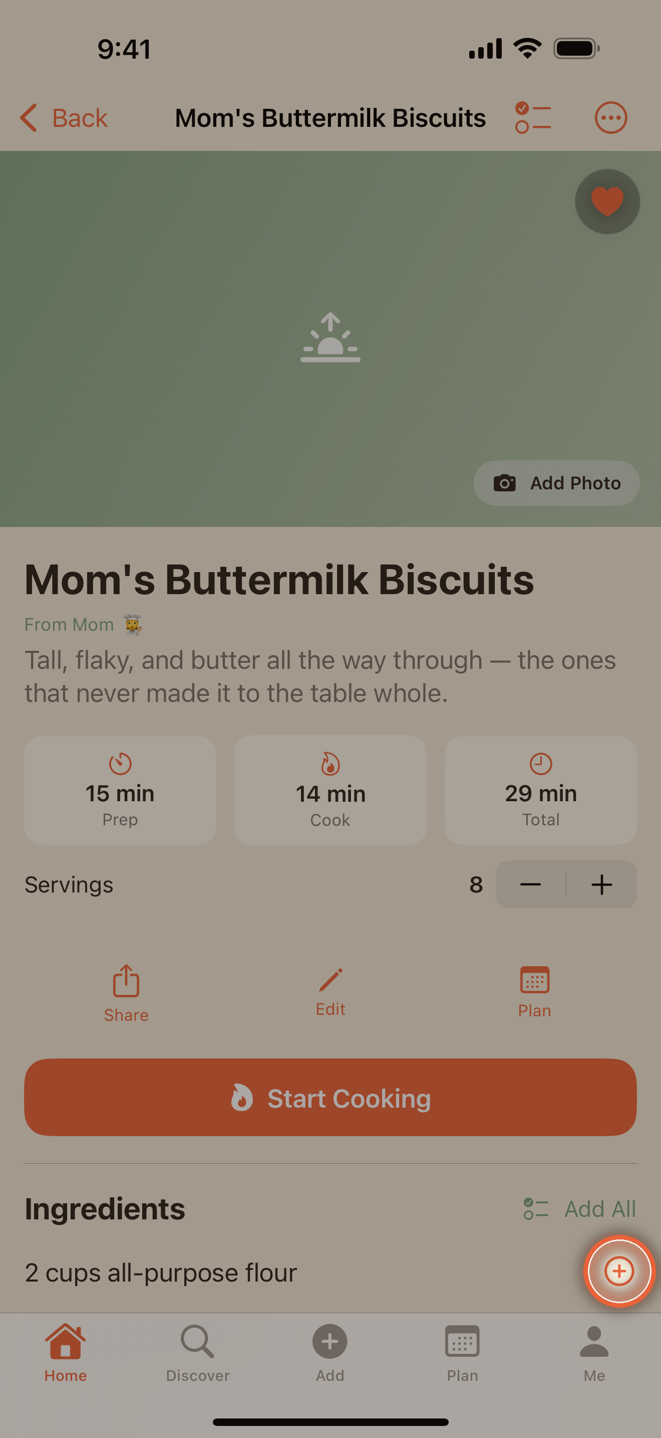 Ingredient list with per-row add-to-shopping controls and the servings stepper