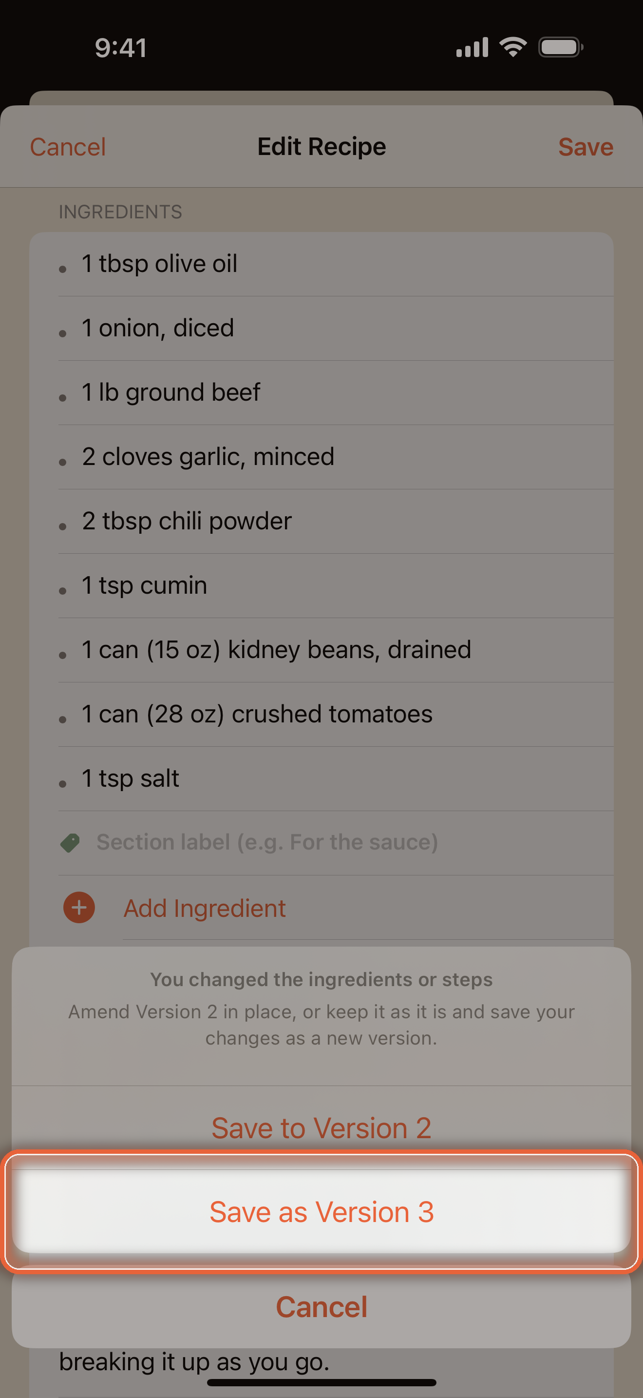 Save options offering Update the Original or Save as a new Version