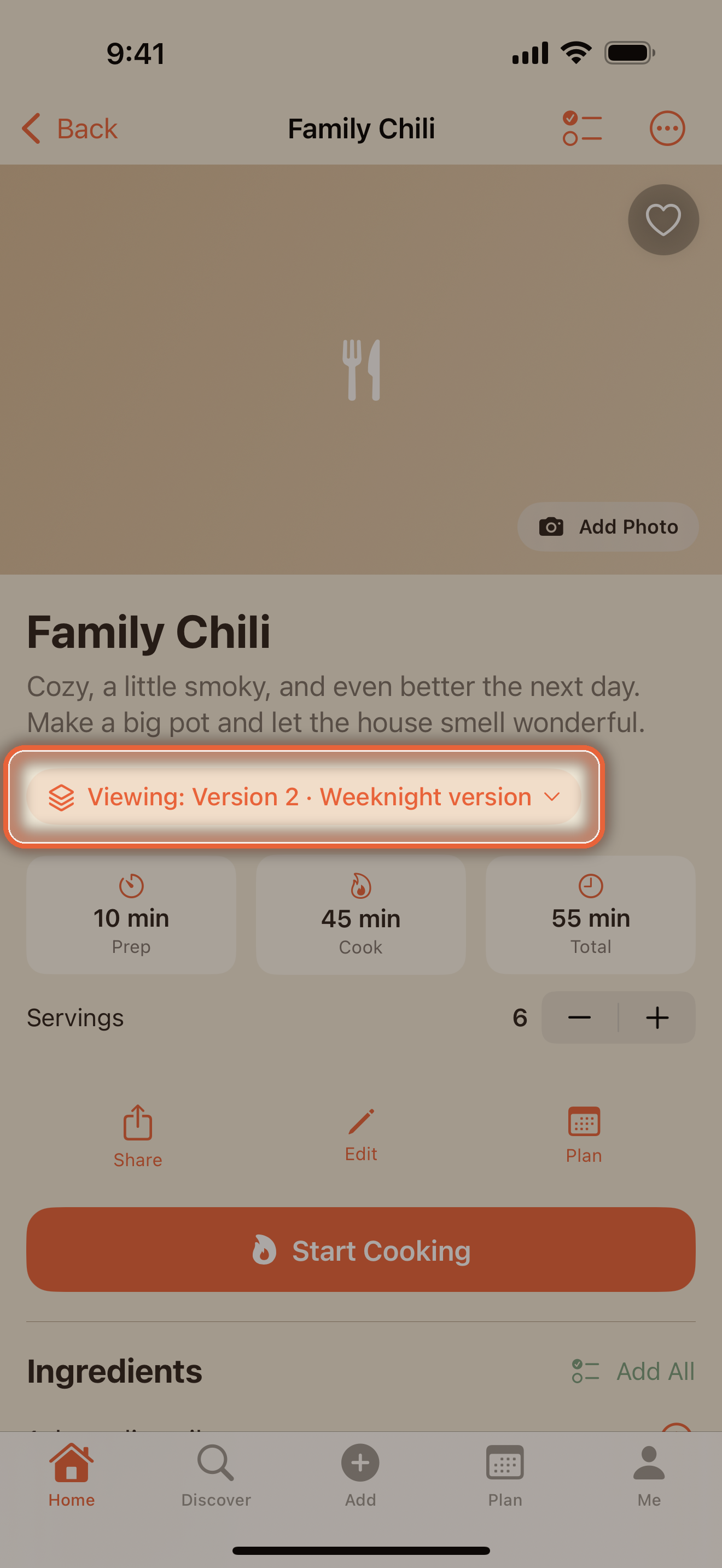 Recipe page of a recipe with more than one version