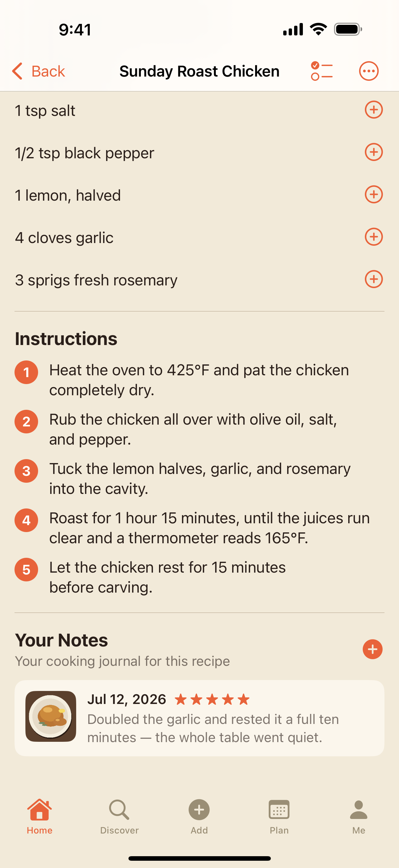 Your Notes cooking journal with a rated, dated entry