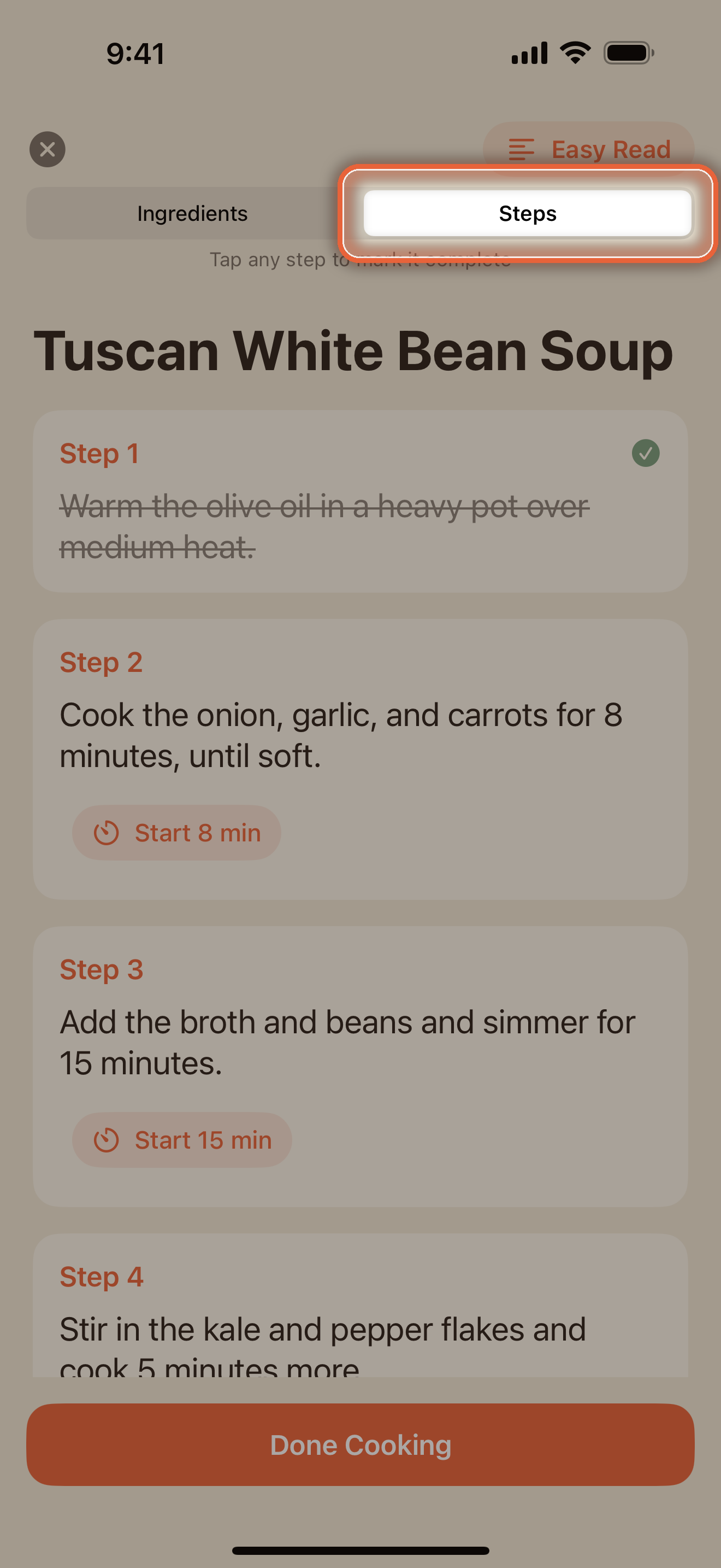 Cook Mode steps with the Ingredients and Steps pill and one step completed