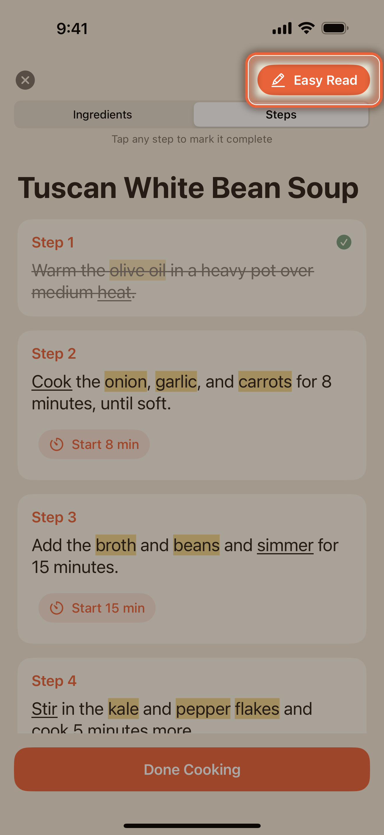 Easy Read turned on, highlighting ingredient phrases inside the steps