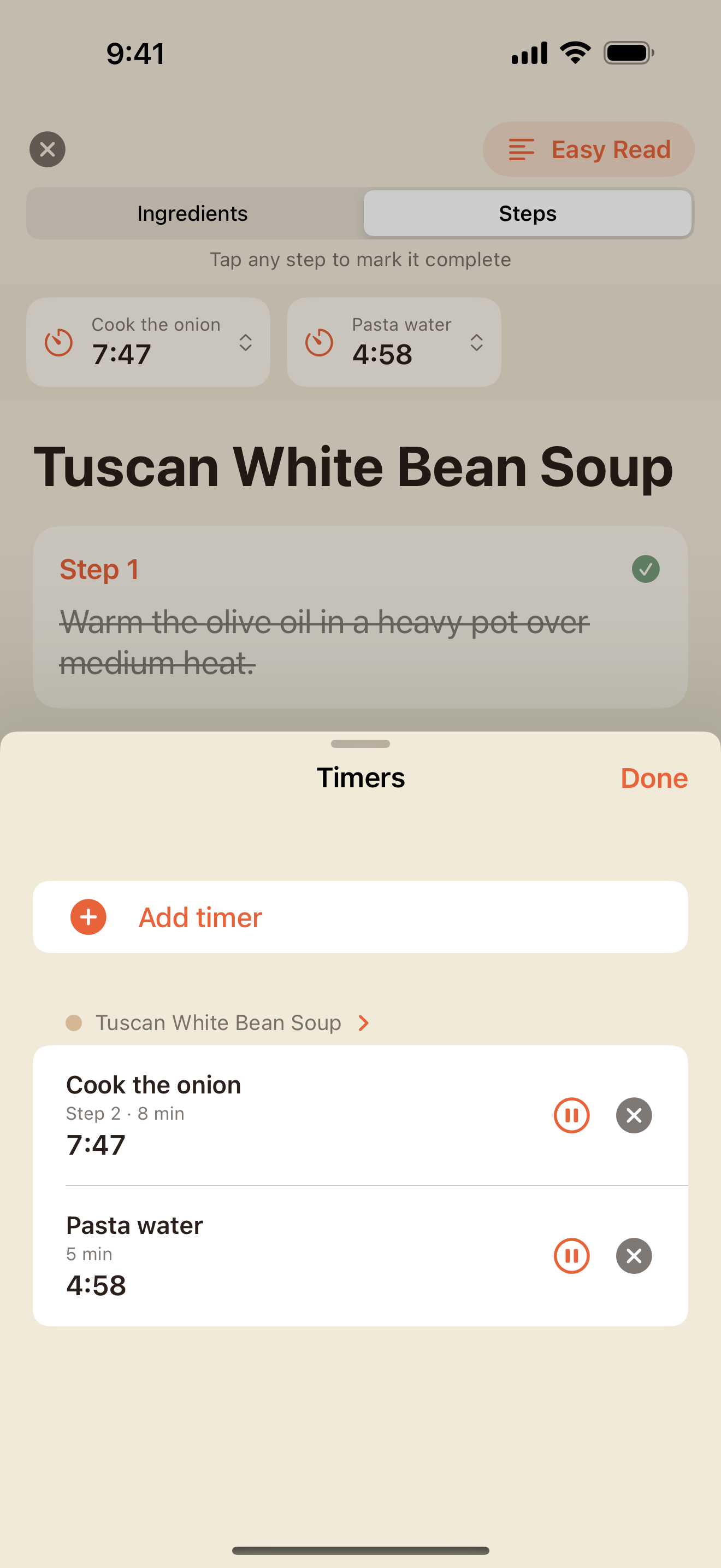 Timer tray listing named timers with their step labels and countdowns