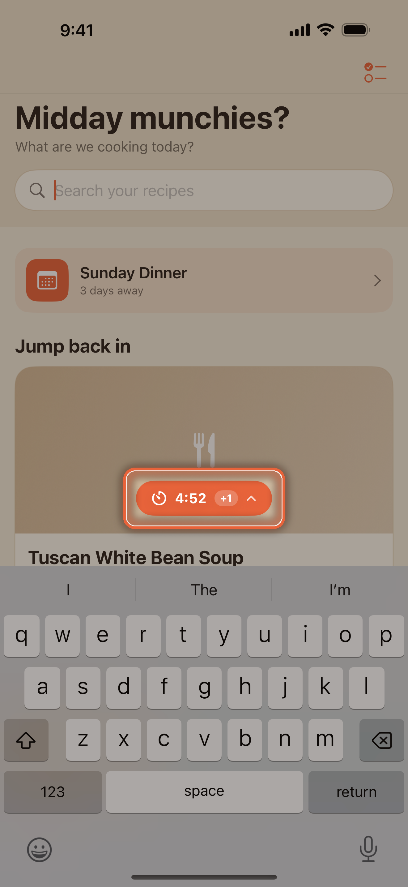 Home screen with the floating timer pill above the tab bar