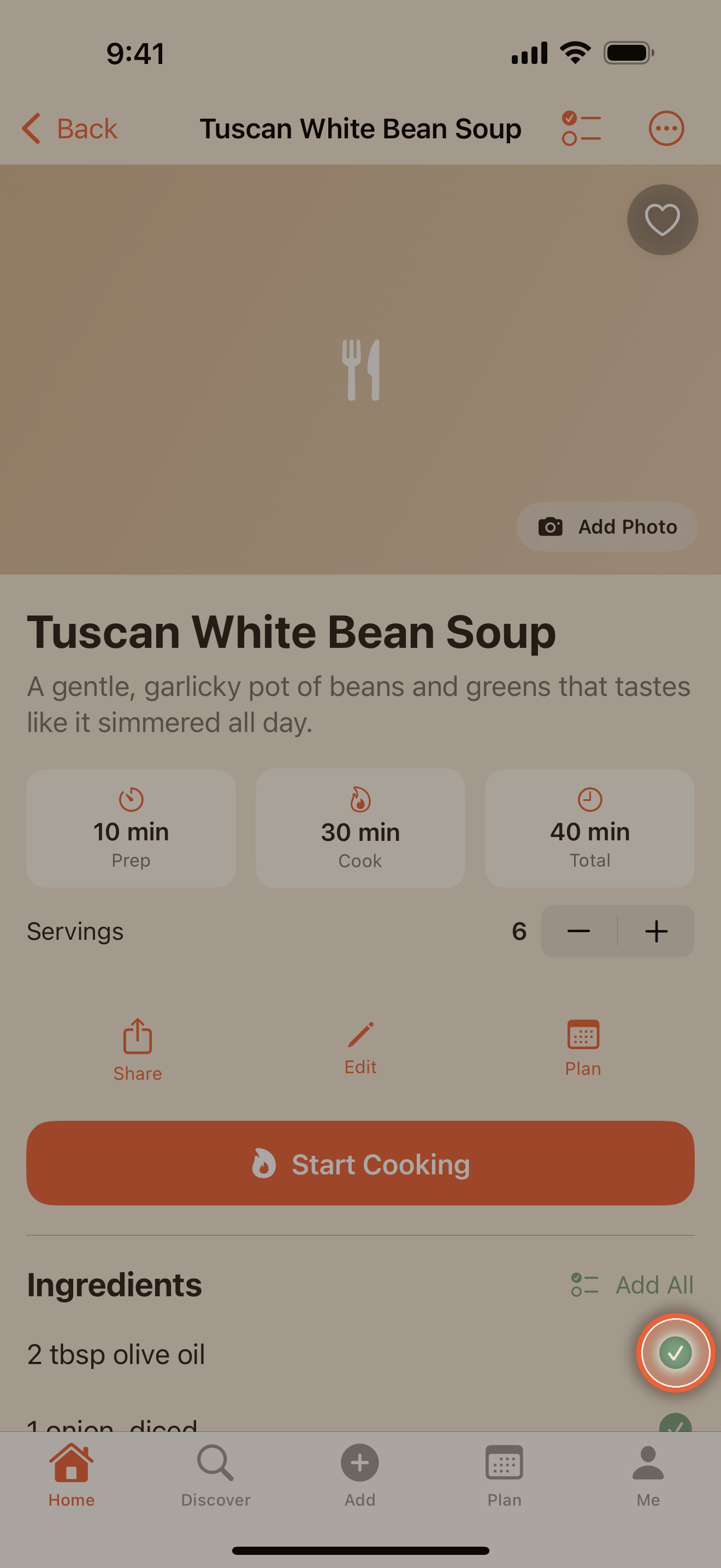 Ingredient rows with green checkmarks after adding them to the shopping list