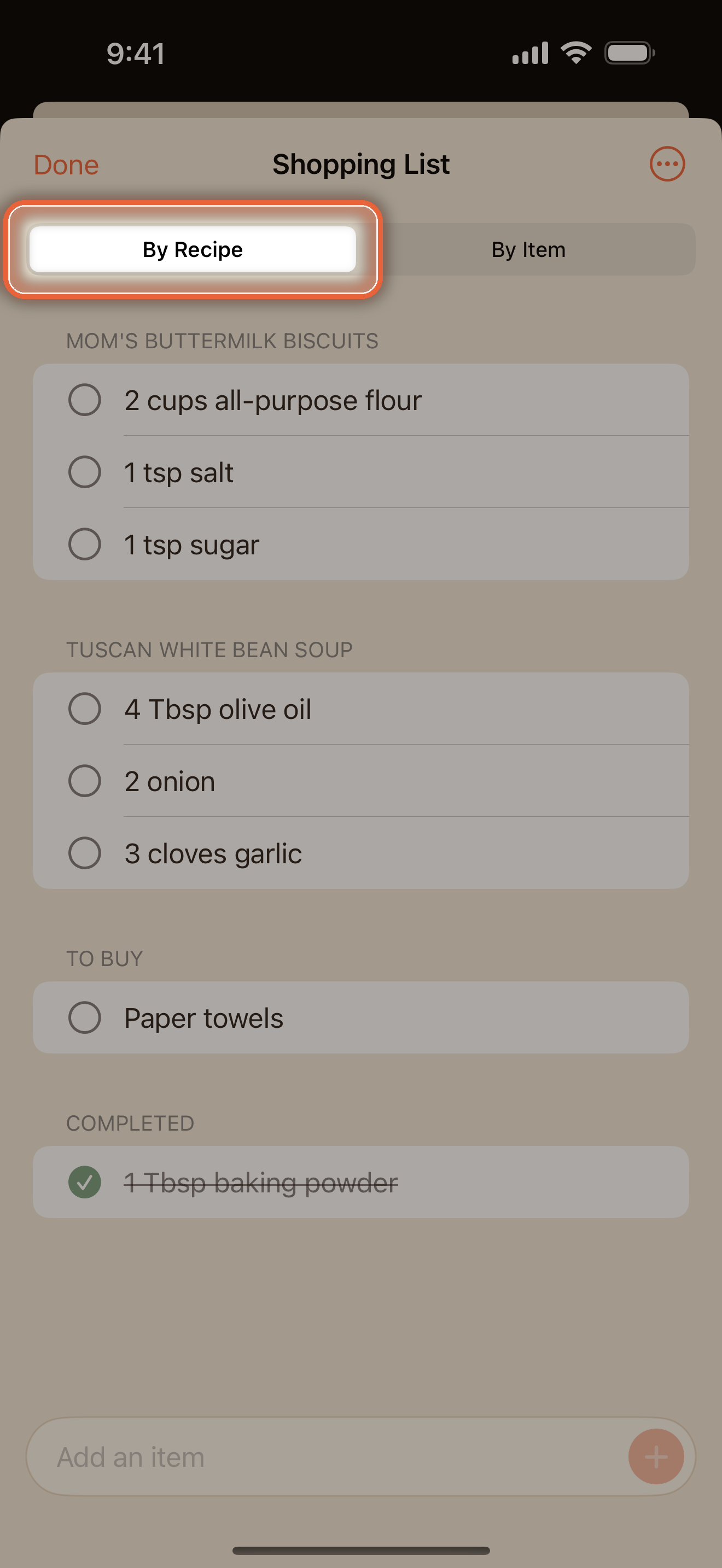 Shopping list grouped by recipe with the By Recipe and By Item toggle