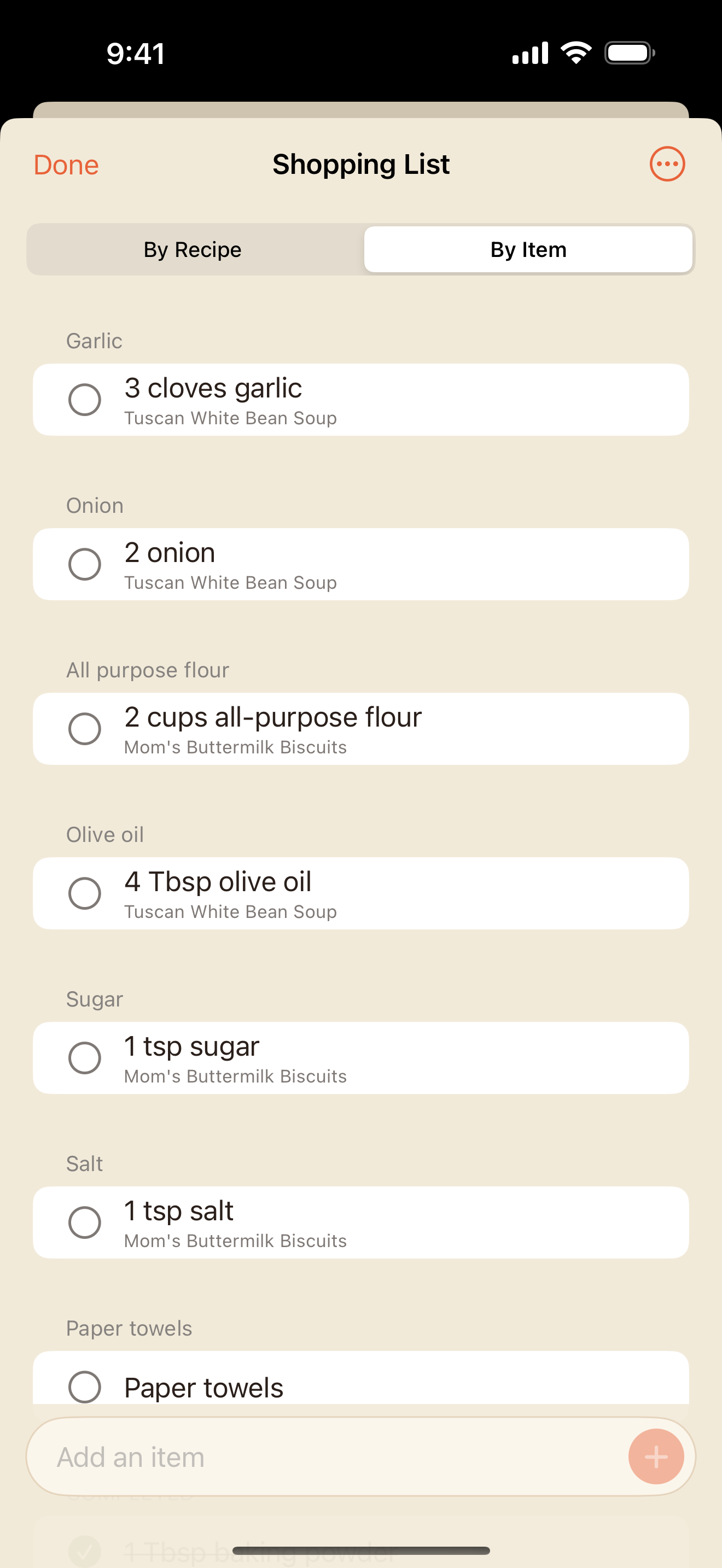 Shopping list grouped by item, combining the same ingredient across recipes