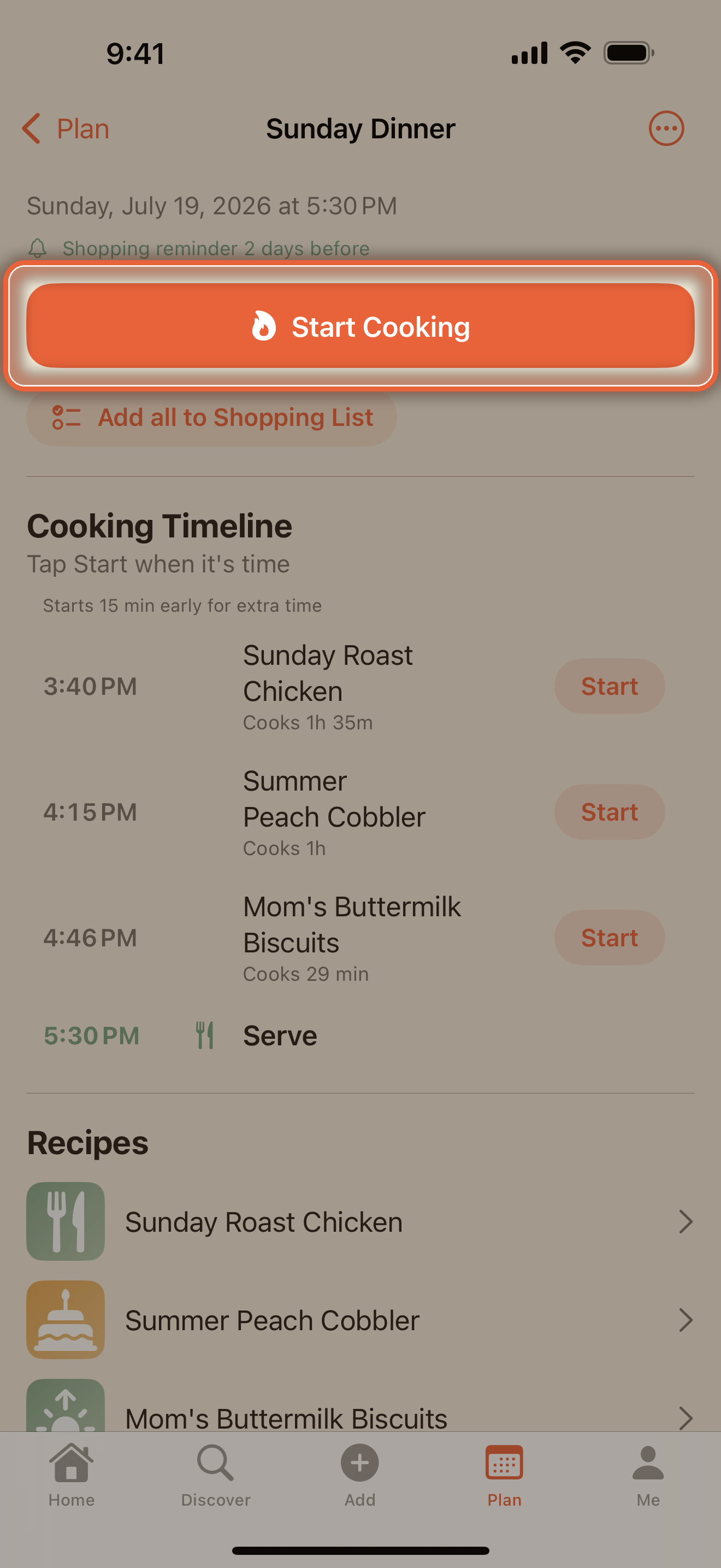 Cooking Timeline with staggered start times leading to the serve time