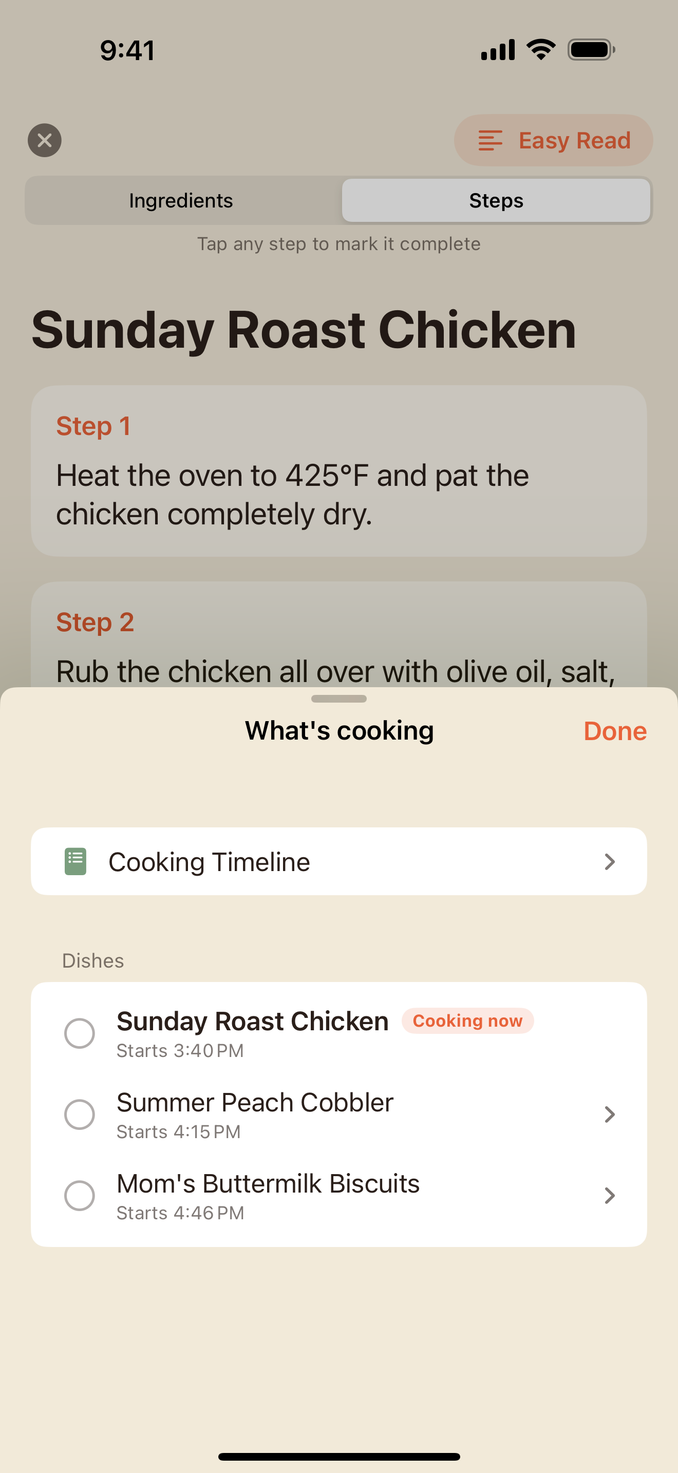 What's cooking board showing every dish's state during a meal session