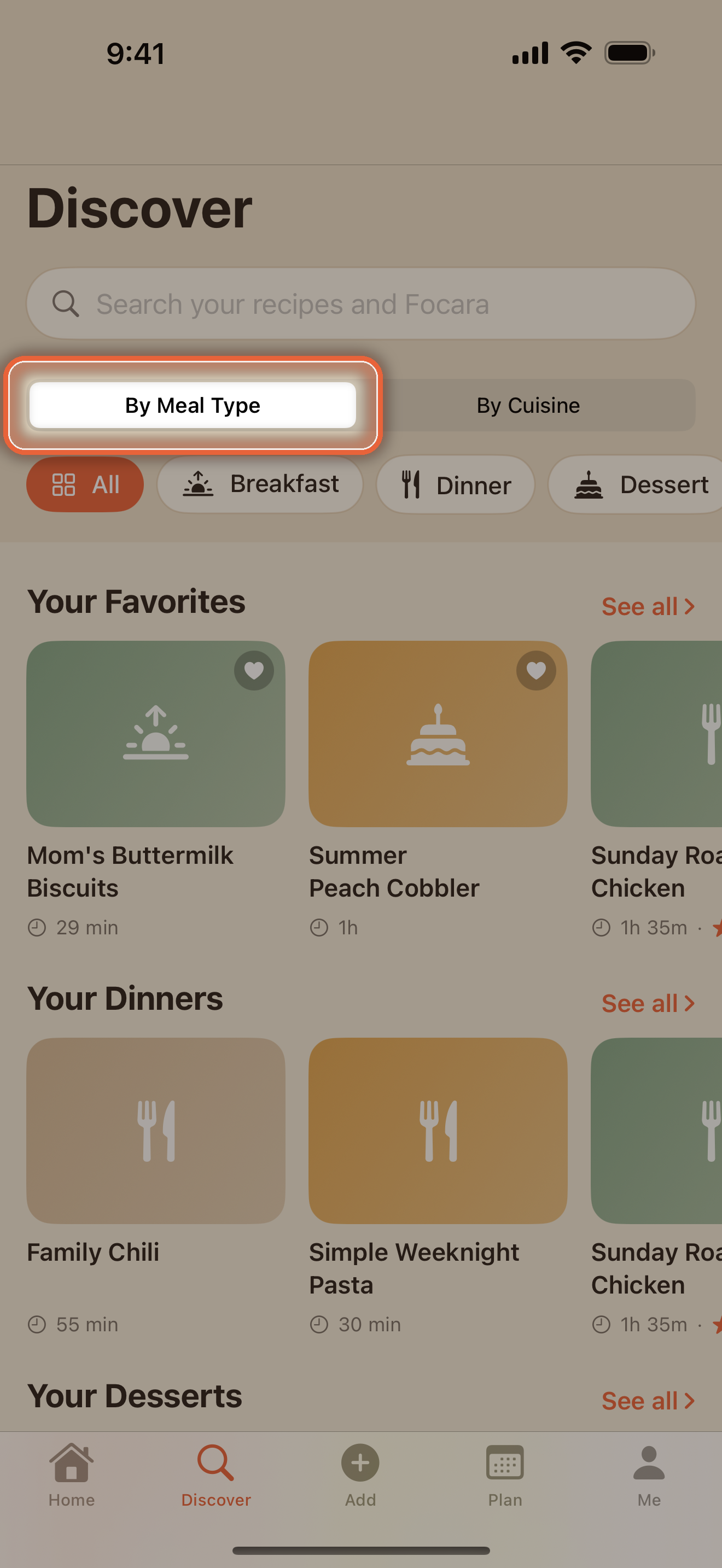Discover tab with search, the By Meal Type and By Cuisine toggle, and recipe rails