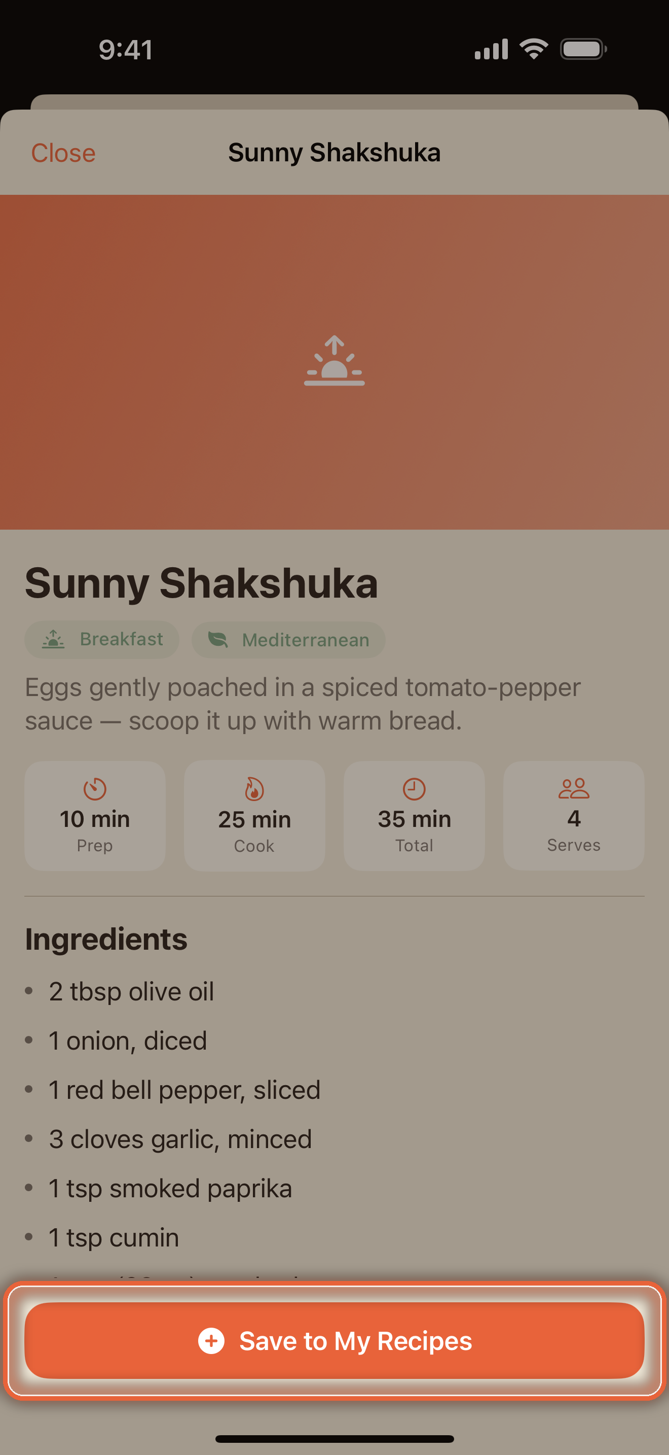 A Focara inspiration recipe preview with the Save to My Recipes button