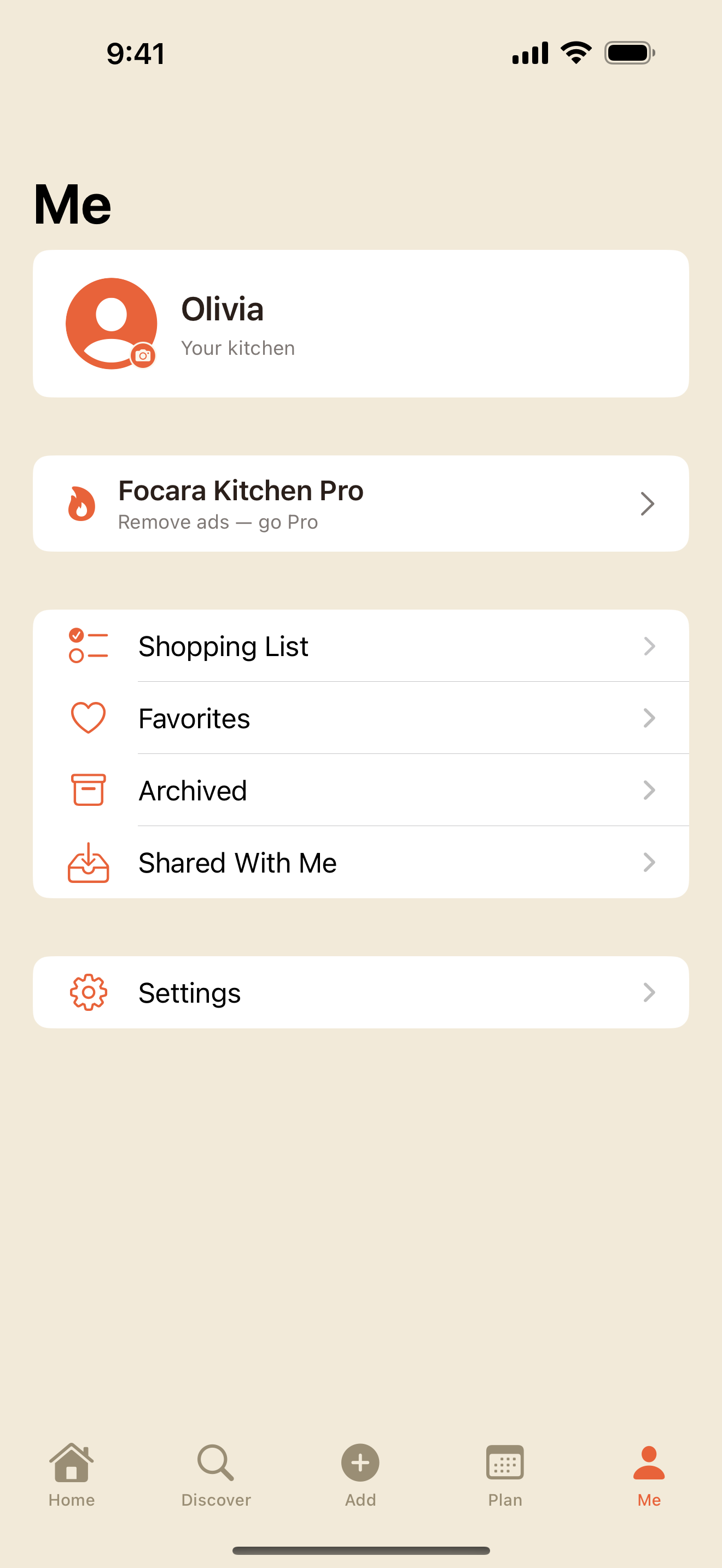 Me tab with profile, Shopping List, Shared With Me, and Saved Recipes