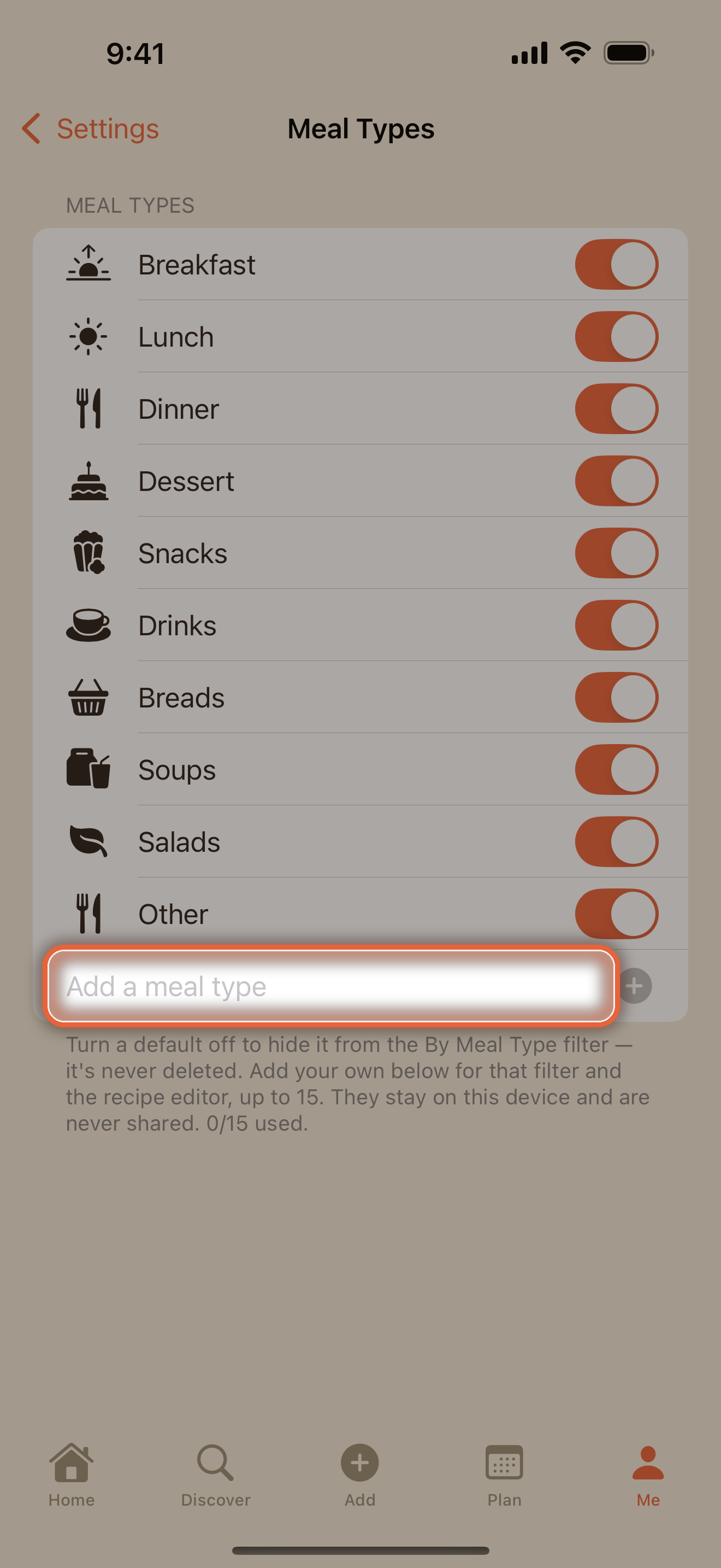 Meal Types screen with built-in types and a custom type