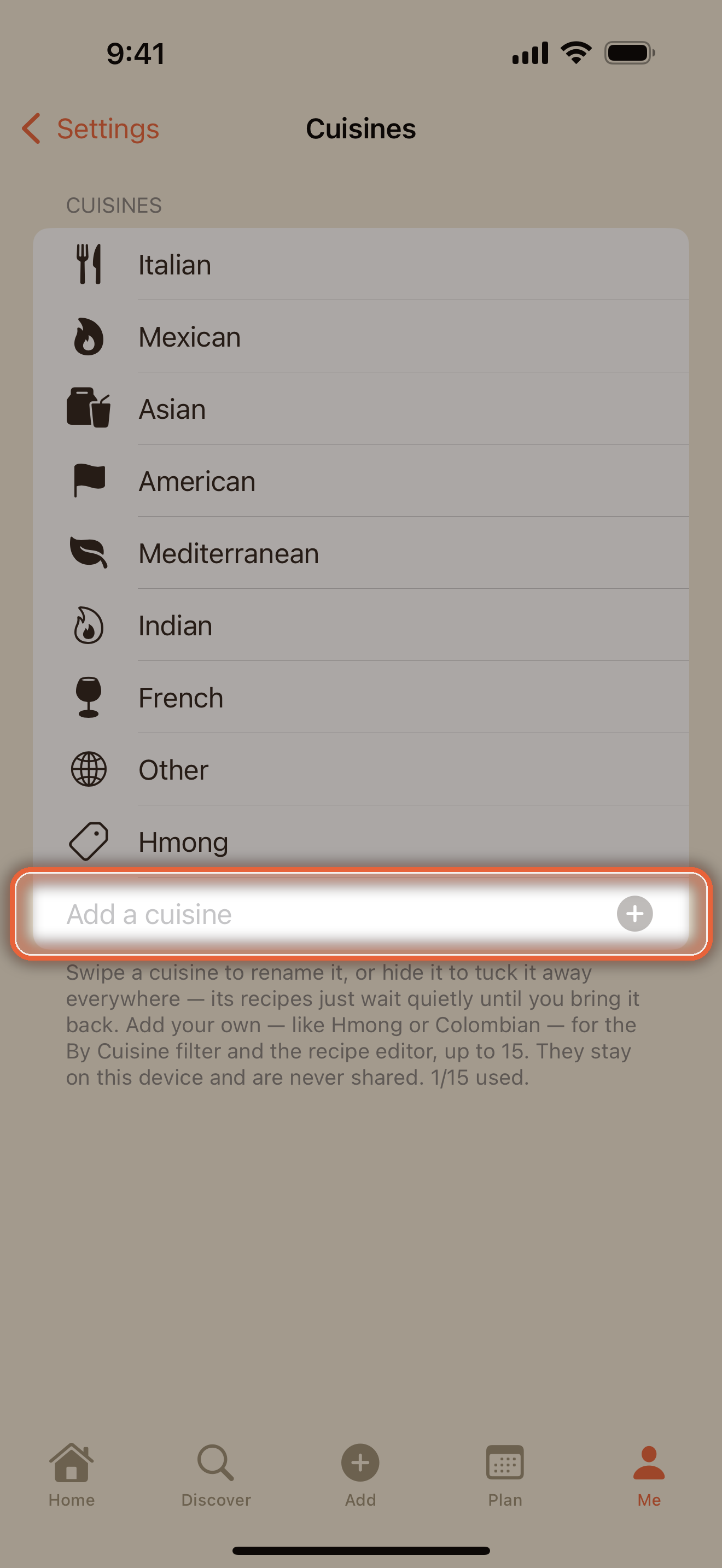 Cuisines screen with the built-in cuisines and a custom one added