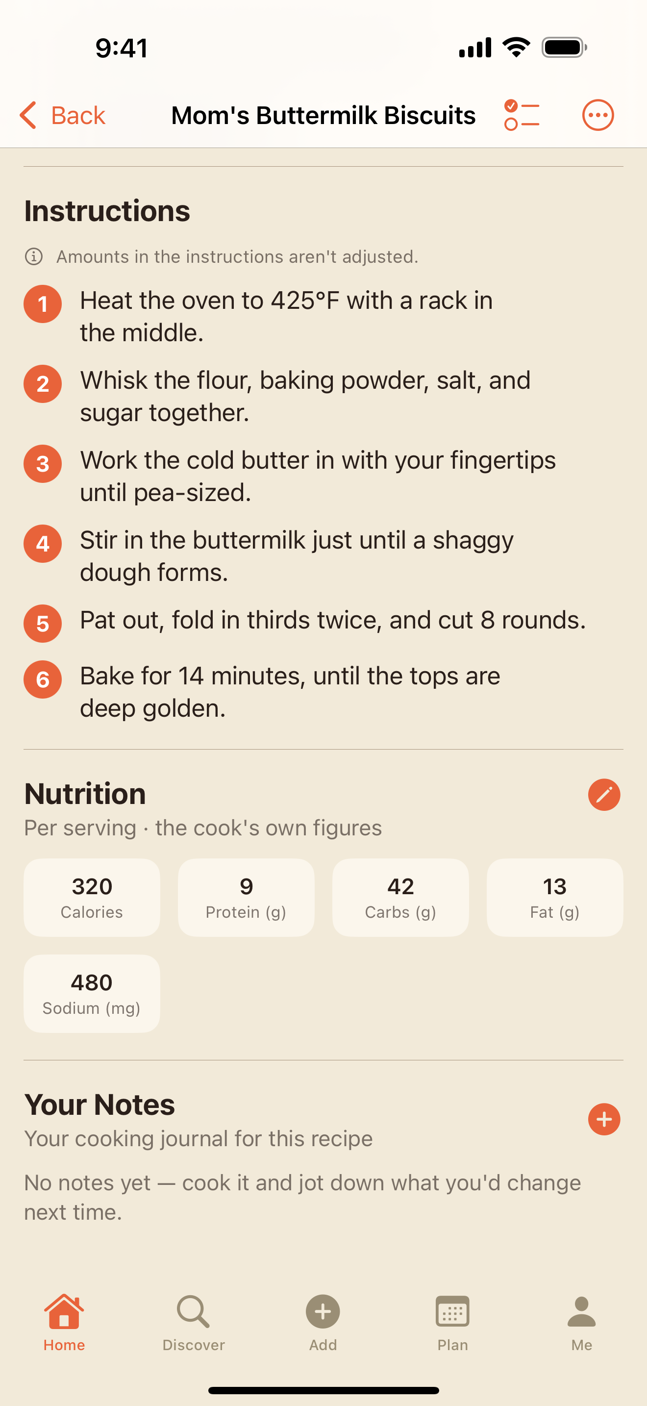 Nutrition section with the cook's own per-serving tiles and the edit pencil