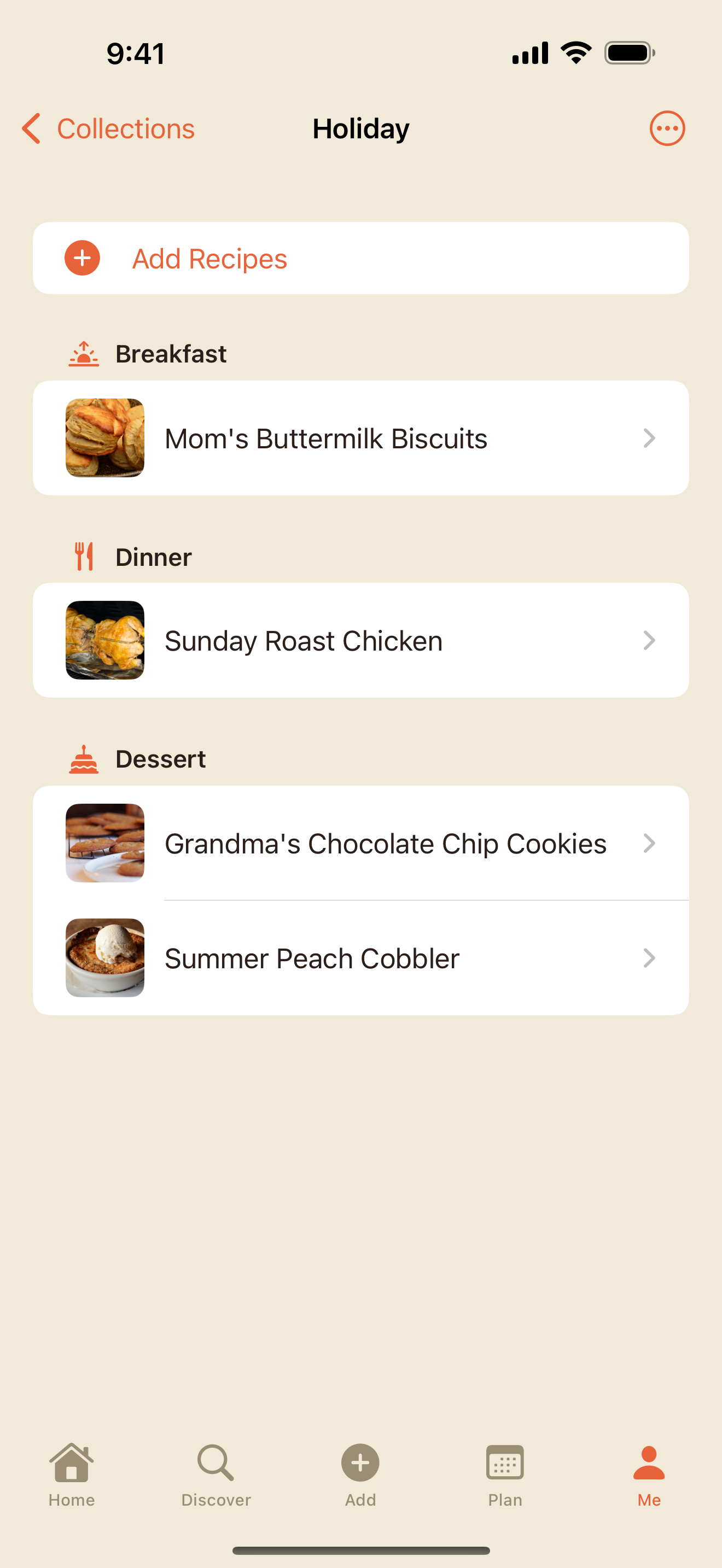 A collection's page, Holiday, with its recipes grouped under Breakfast, Dinner, and Dessert below the Add Recipes button